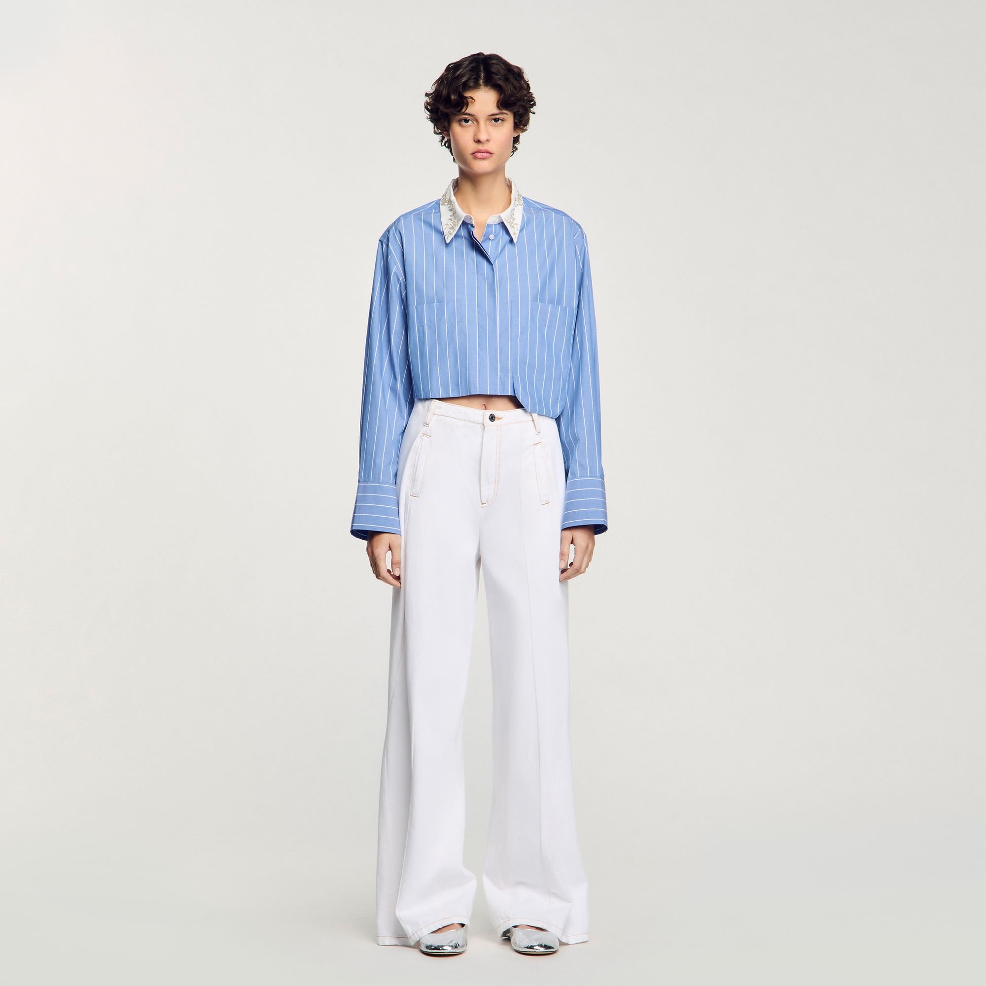 STRIPED CROPPED SHIRT WITH RHINESTONE - 2