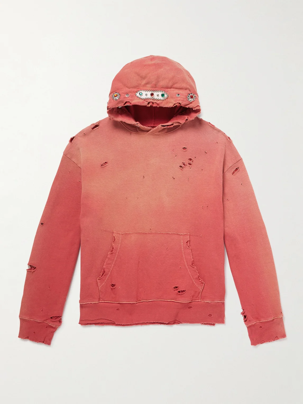 Embellished Suede-Trimmed Distressed Cotton-Jersey Hoodie - 1