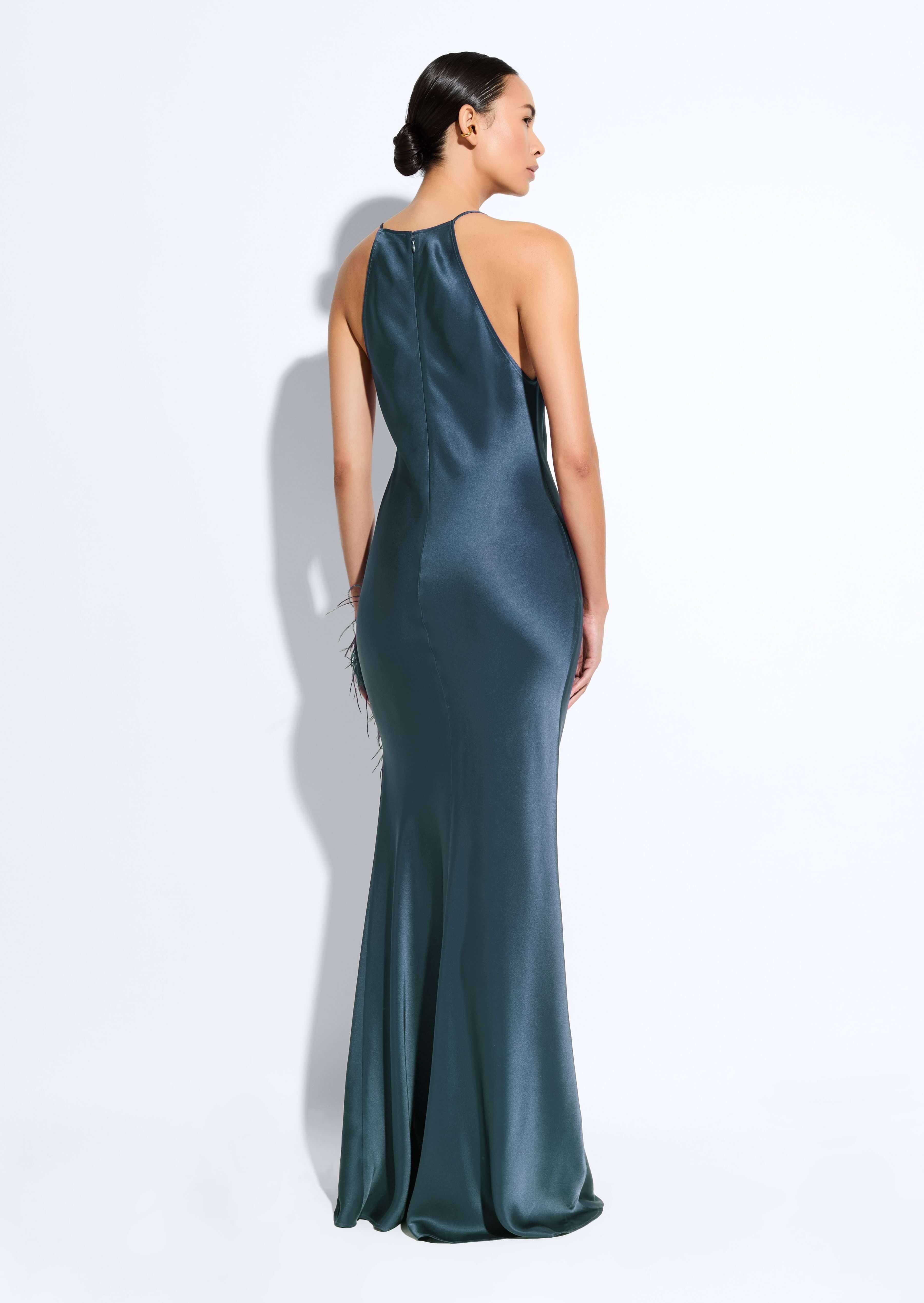 Satin Halter Gown With Feathers - 3