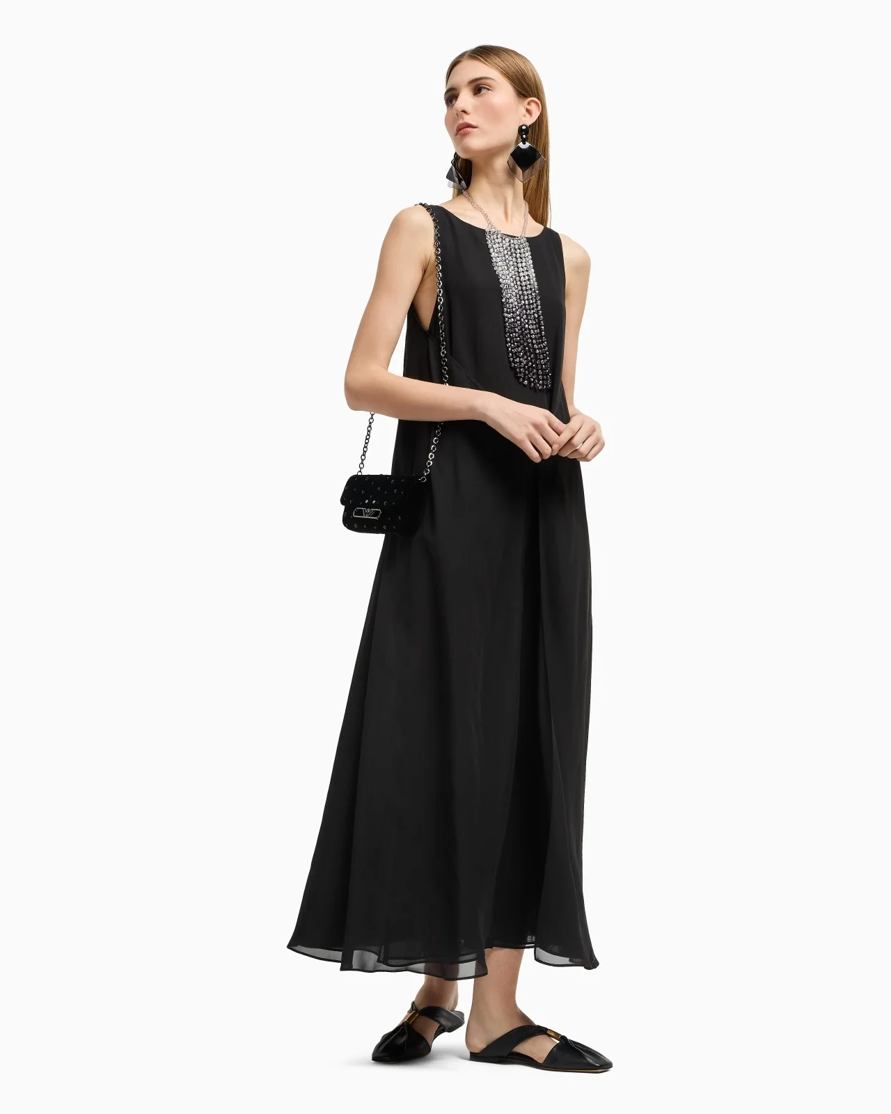 EMPORIO ARMANI TECHNICAL GEORGETTE LONG DRESS WITH FRONT PANEL - EW000843AF102091UC001 | REVERSIBLE EMPORIO ARMANI TECHNICAL GEORGETTE LONG DRESS WITH FRONT PANEL - EW000843AF102091UC001 | REVERSIBLE