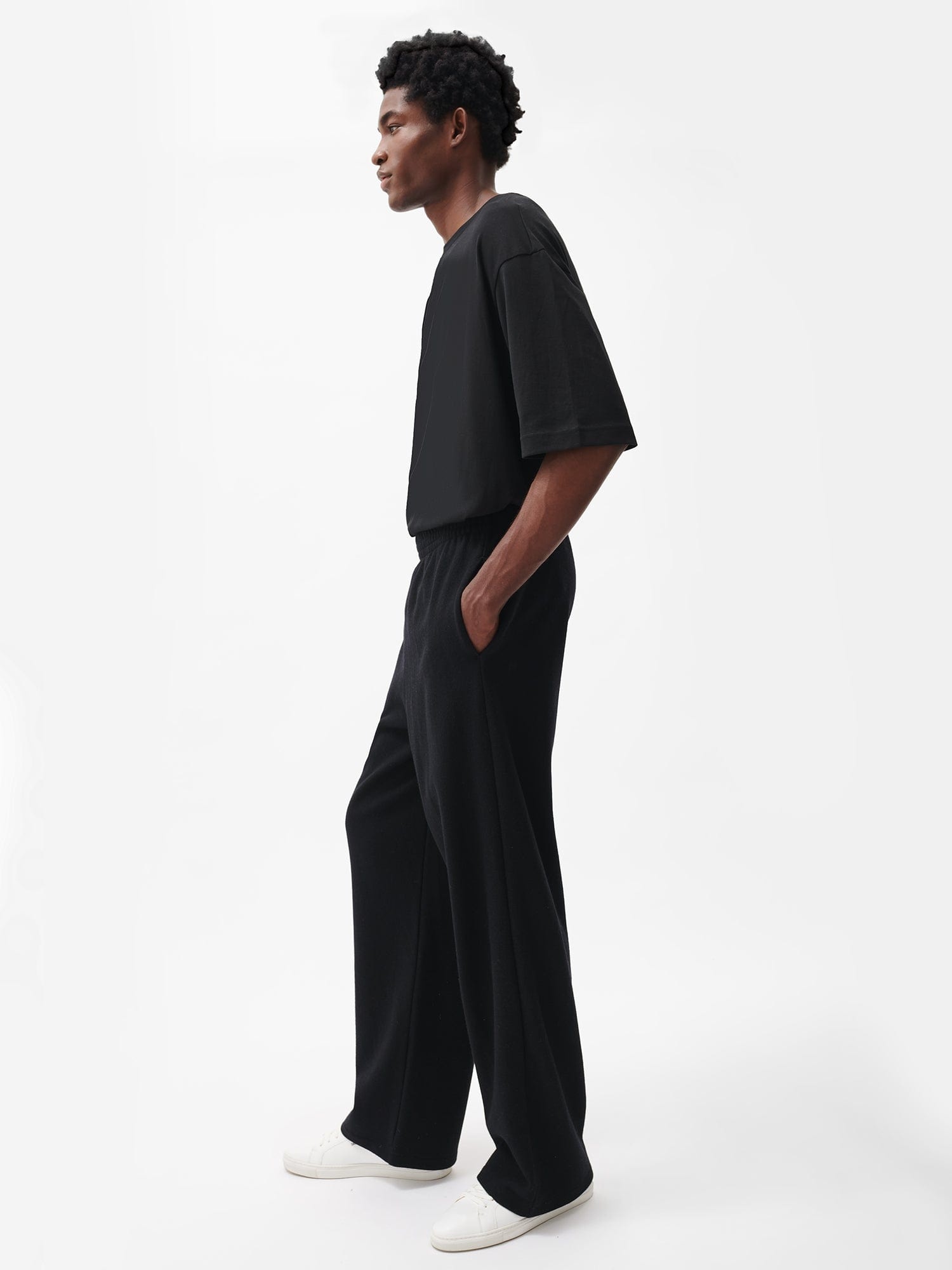 Womens Recycled Wool Jersey Wide-Leg Track Pants - Black - 3