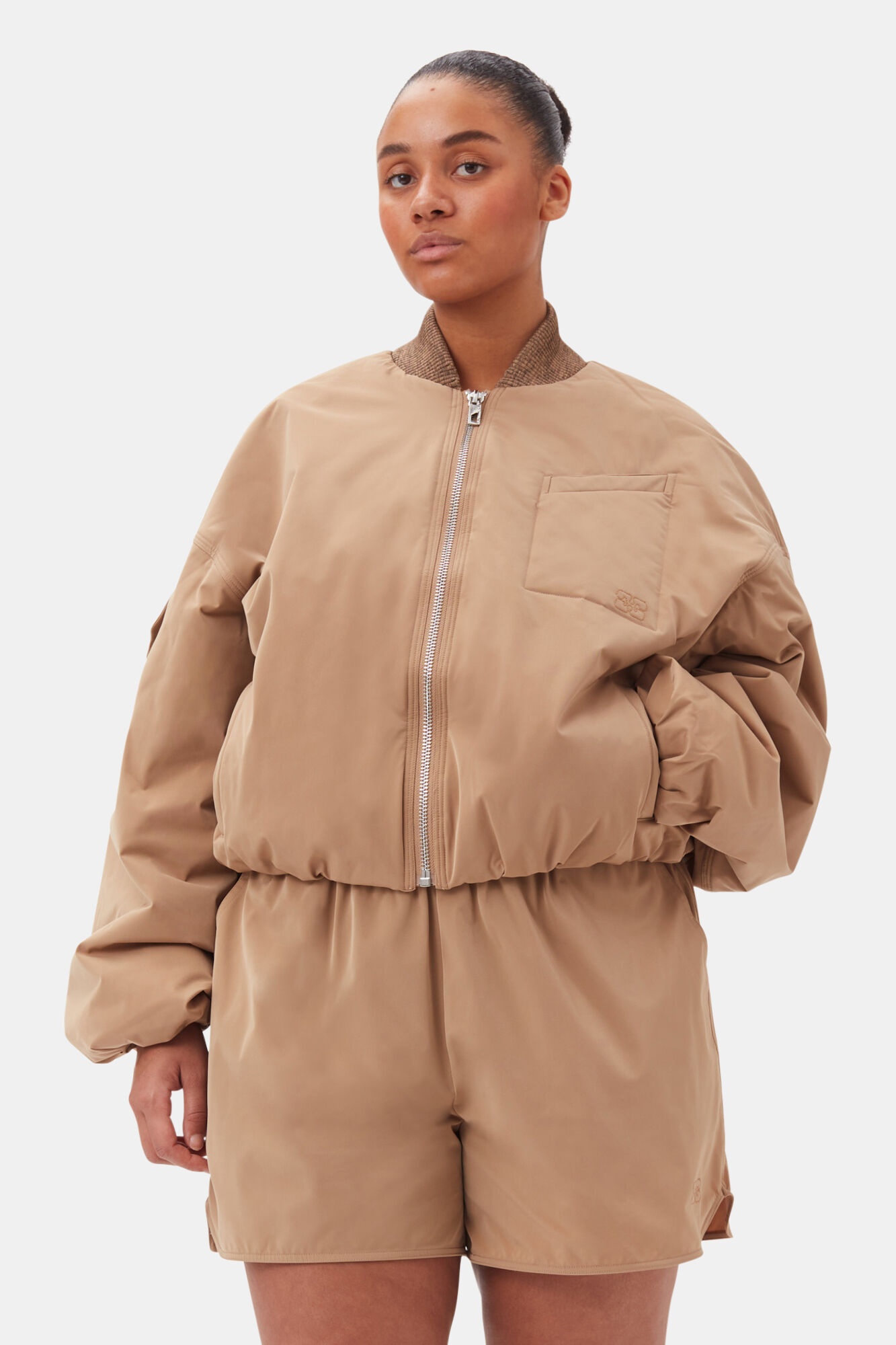 BROWN LIGHT TWILL OVERSIZED SHORT BOMBER JACKET - 6