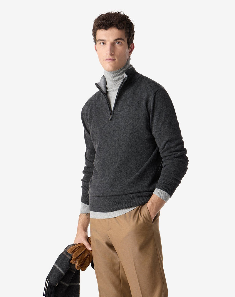 CORNELIANI Anthracite grey zip-up wool and cashmere turtleneck outlook