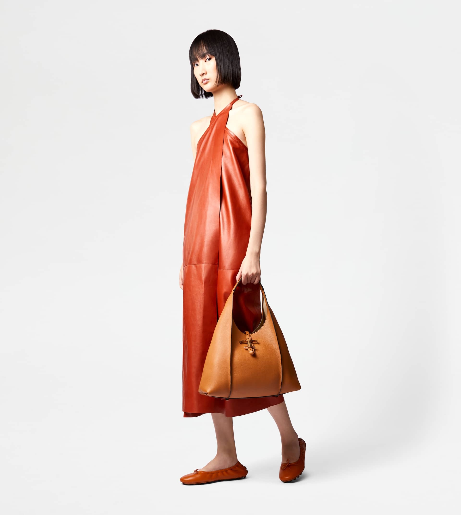 DRESS IN LEATHER WITH HALTERNECK COLLAR - BROWN - 2