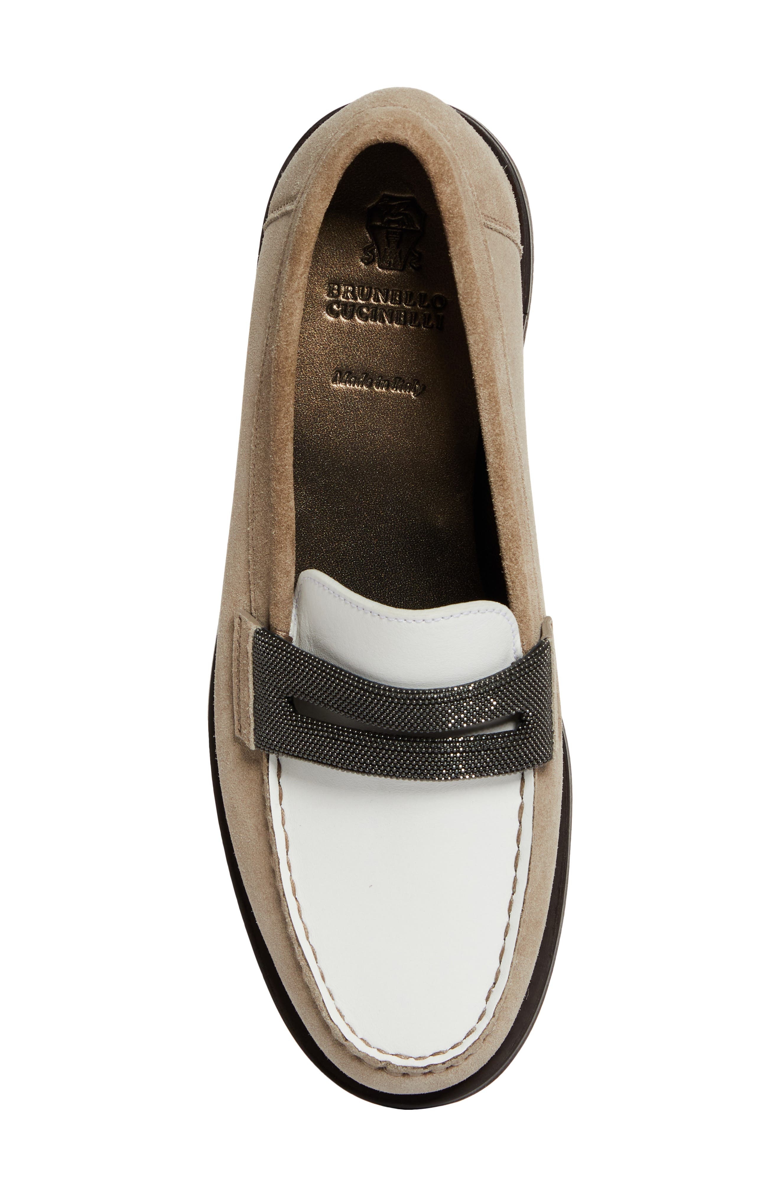 Brunello Cucinelli Monili Trim Mixed Media Penny Loafer in C5859 Dark Beige at Nordstrom - 5