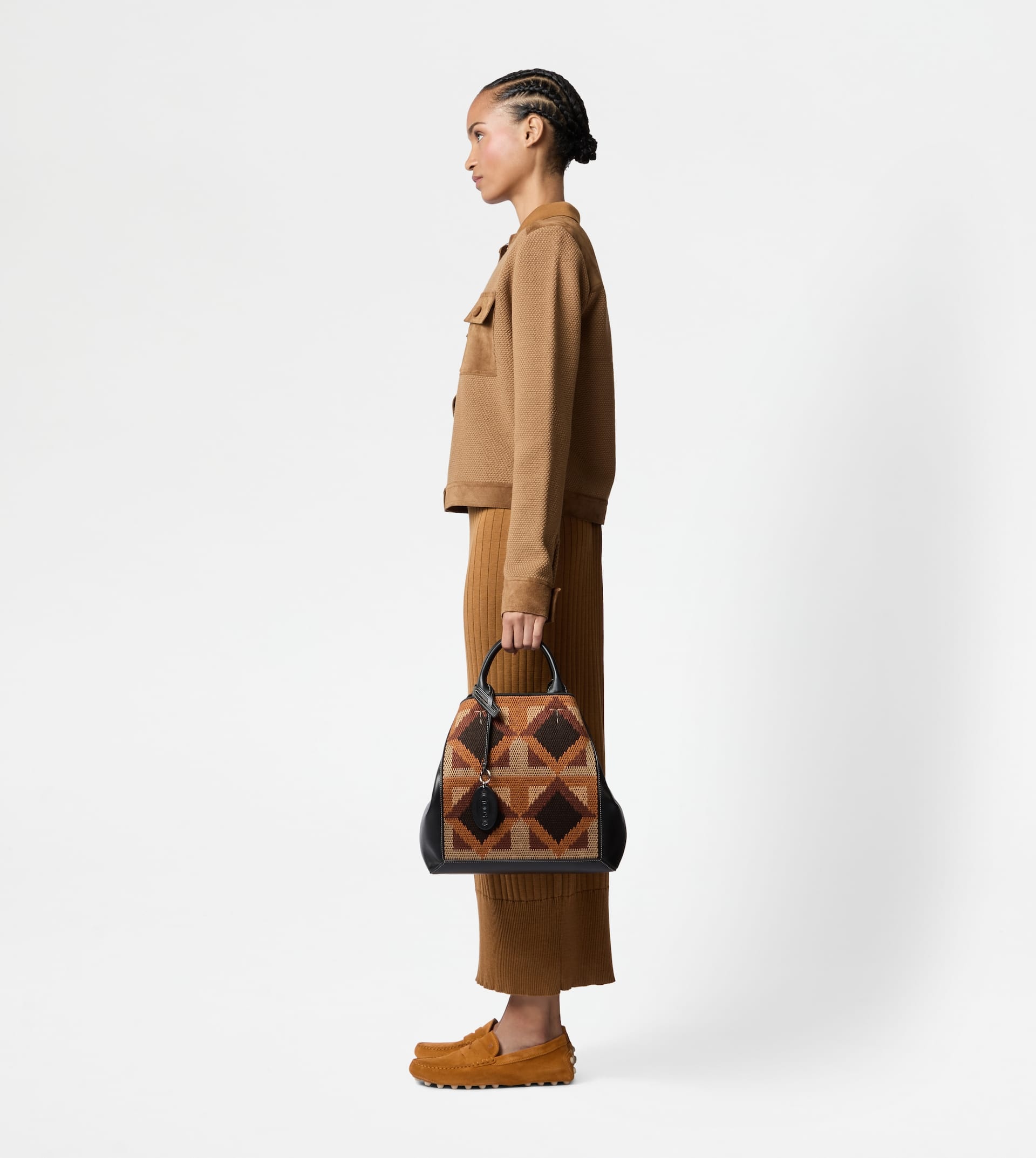 TOD'S DOUBLE UP SHOPPING BAG IN LEATHER AND FABRIC MEDIUM - BLACK, BEIGE, ORANGE - 4