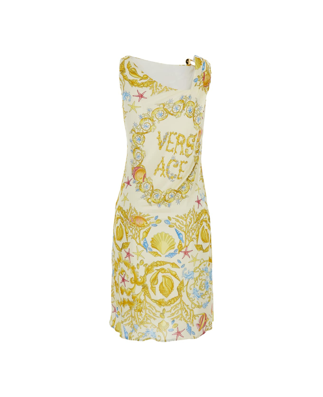 'underwater Barocco' Multicolor Sleeveless Dress With Tie Detail On The Sleeve And All-over Barocco  - 2
