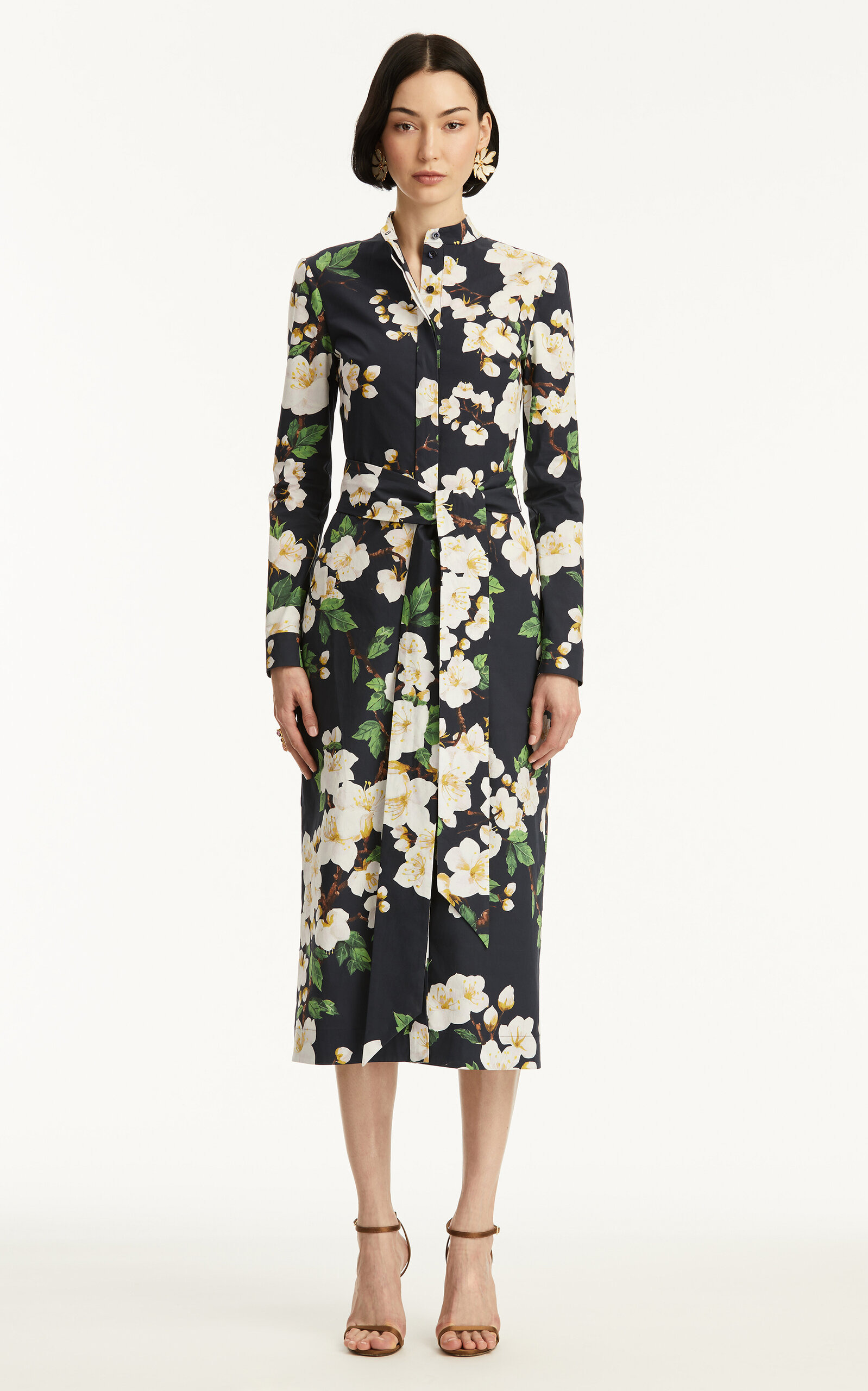 Tie-Detailed Cotton Poplin Midi Dress navy - 3