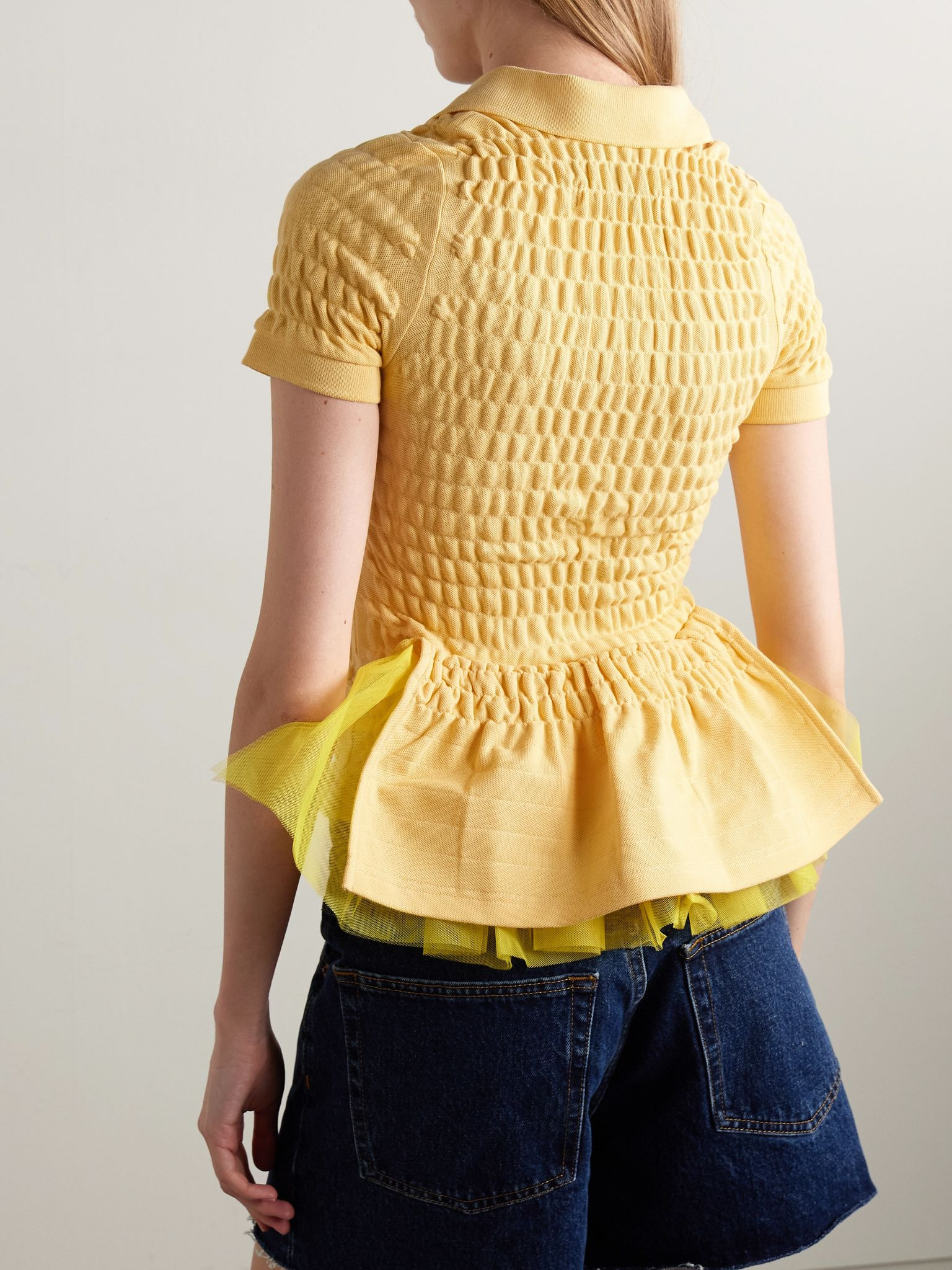 Tulle-trimmed shirred organic cotton-piqué shirt Yellow - 3