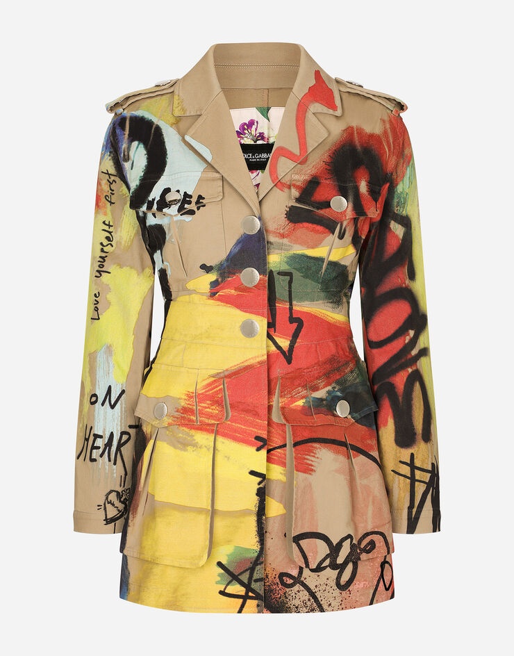 Graffiti-print gabardine trench coat - 3