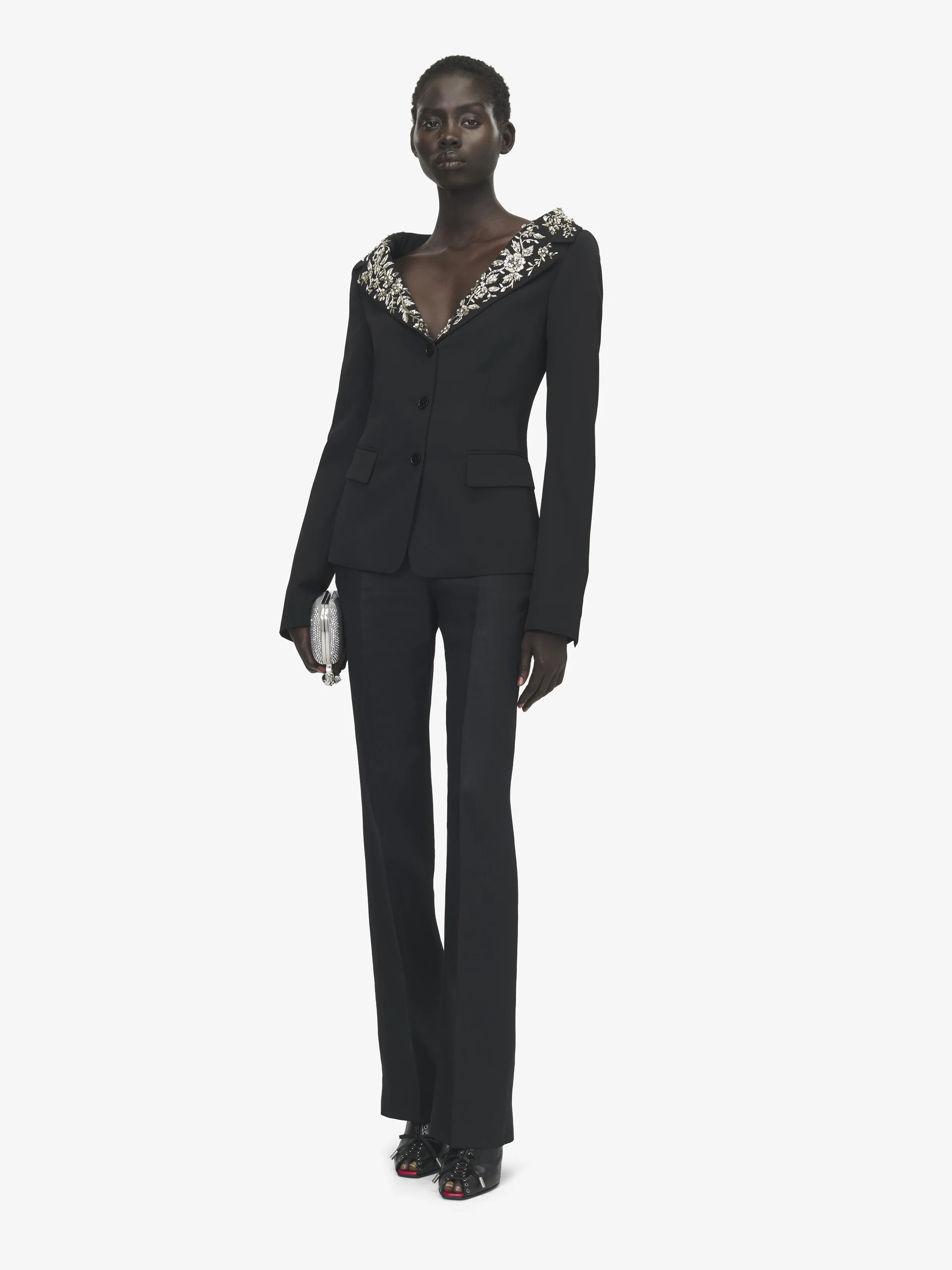 Women's Embroidered Off-the-shoulder Harness Jacket in Black - 1