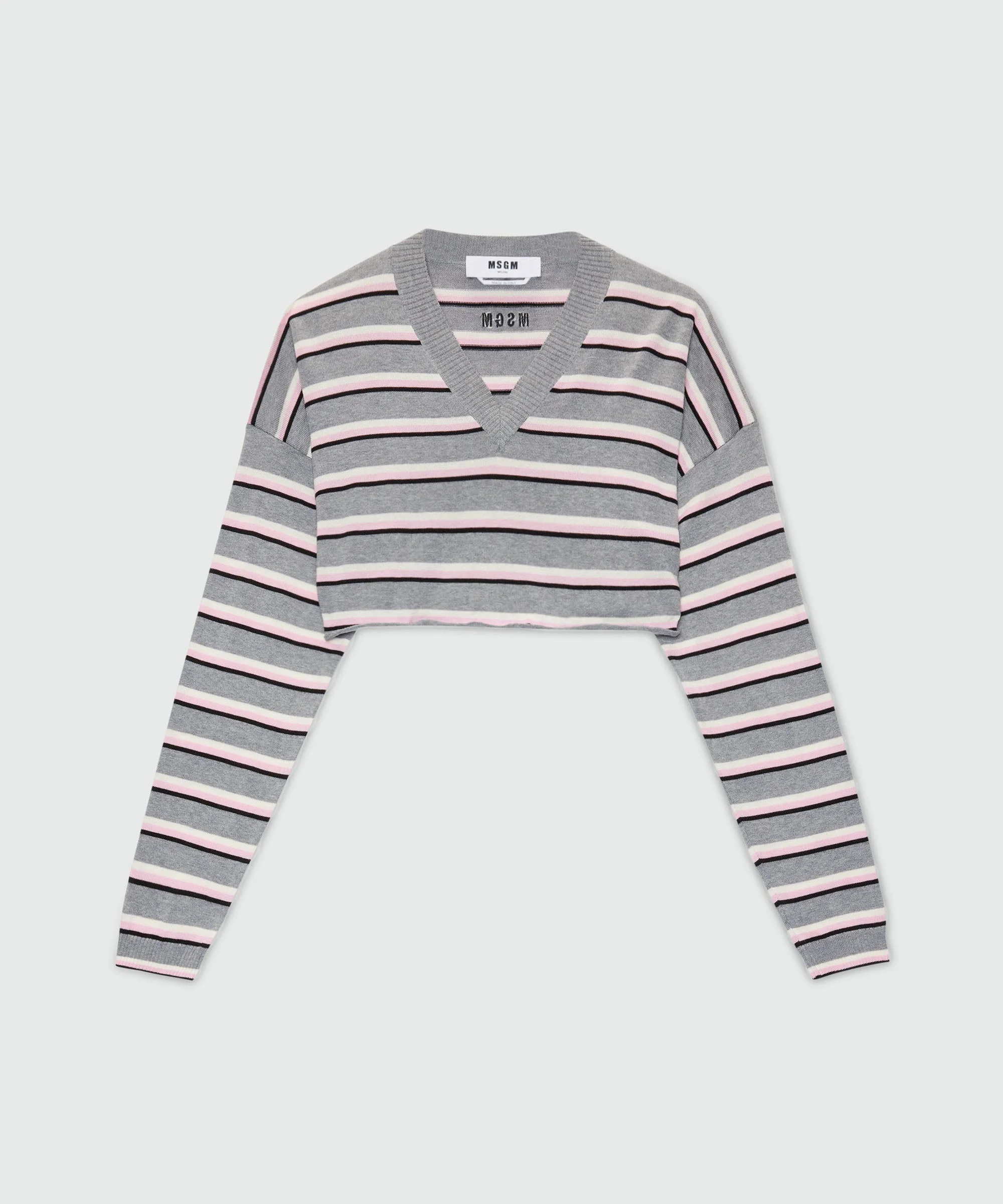 Cropped horizontal striped knit sweater. - 1