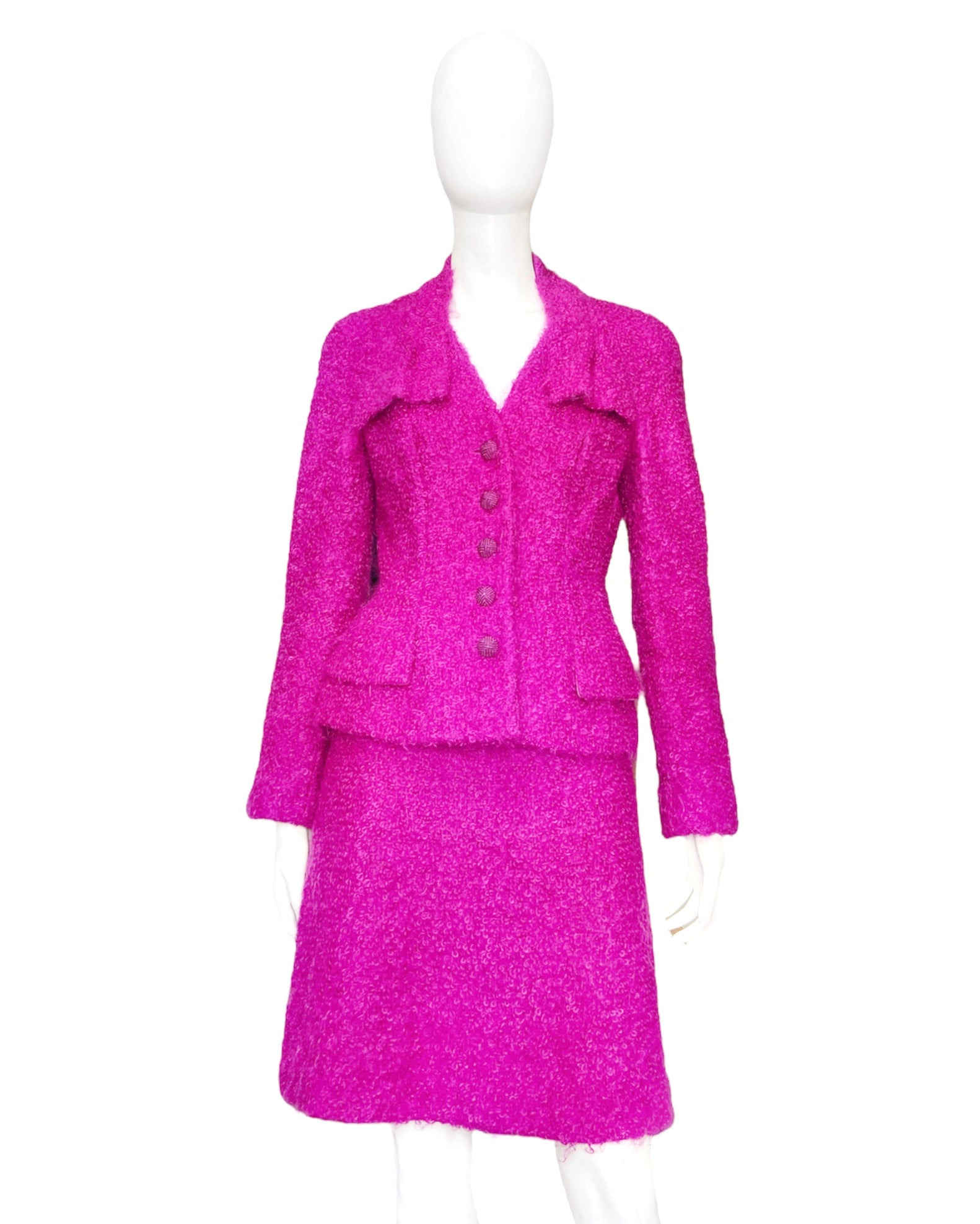 Christian Dior Fall 1997 John Galliano Fuschia Mohair Bar Jacket Skirt Suit - 2