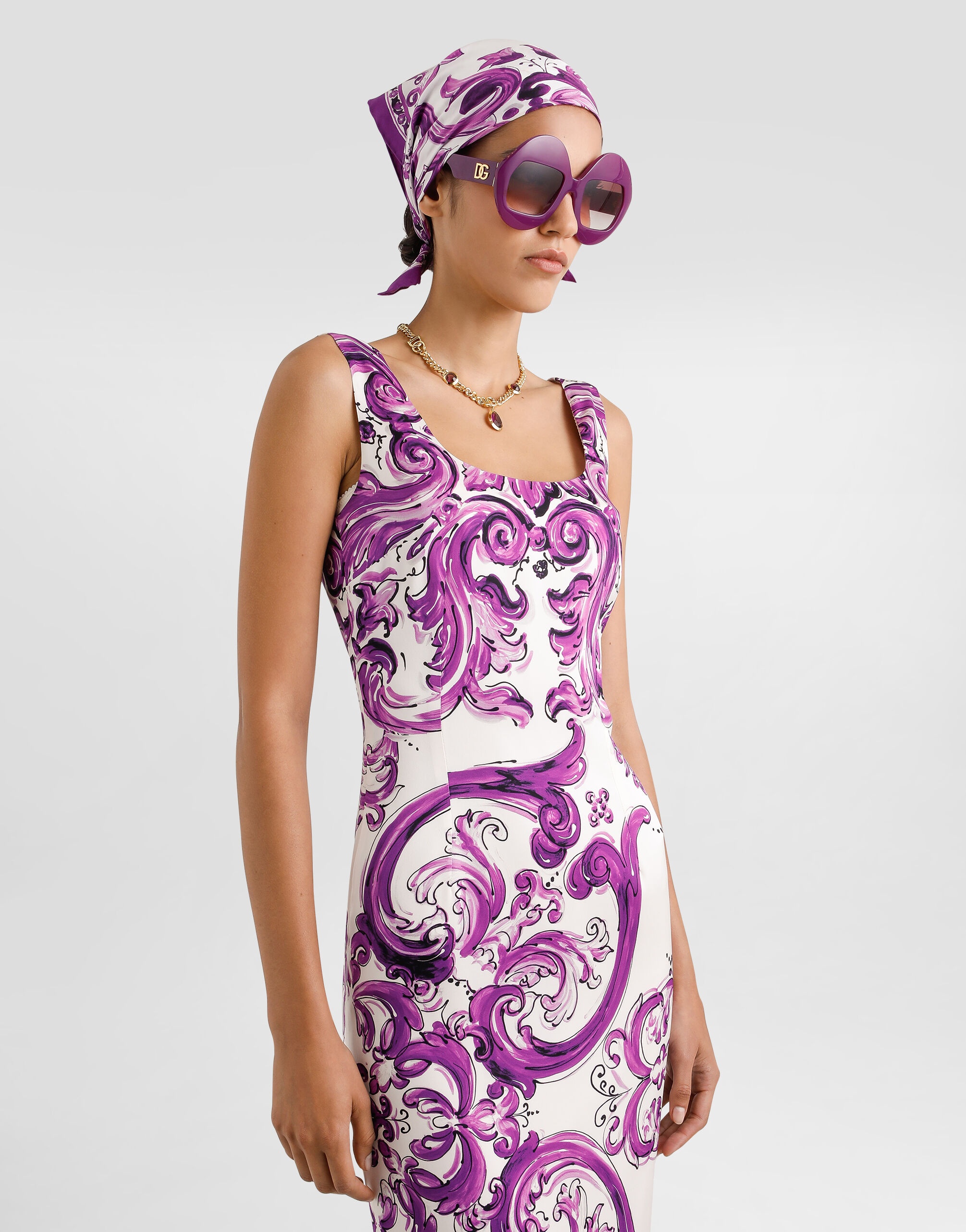 Majolica-print long charmeuse dress - 4