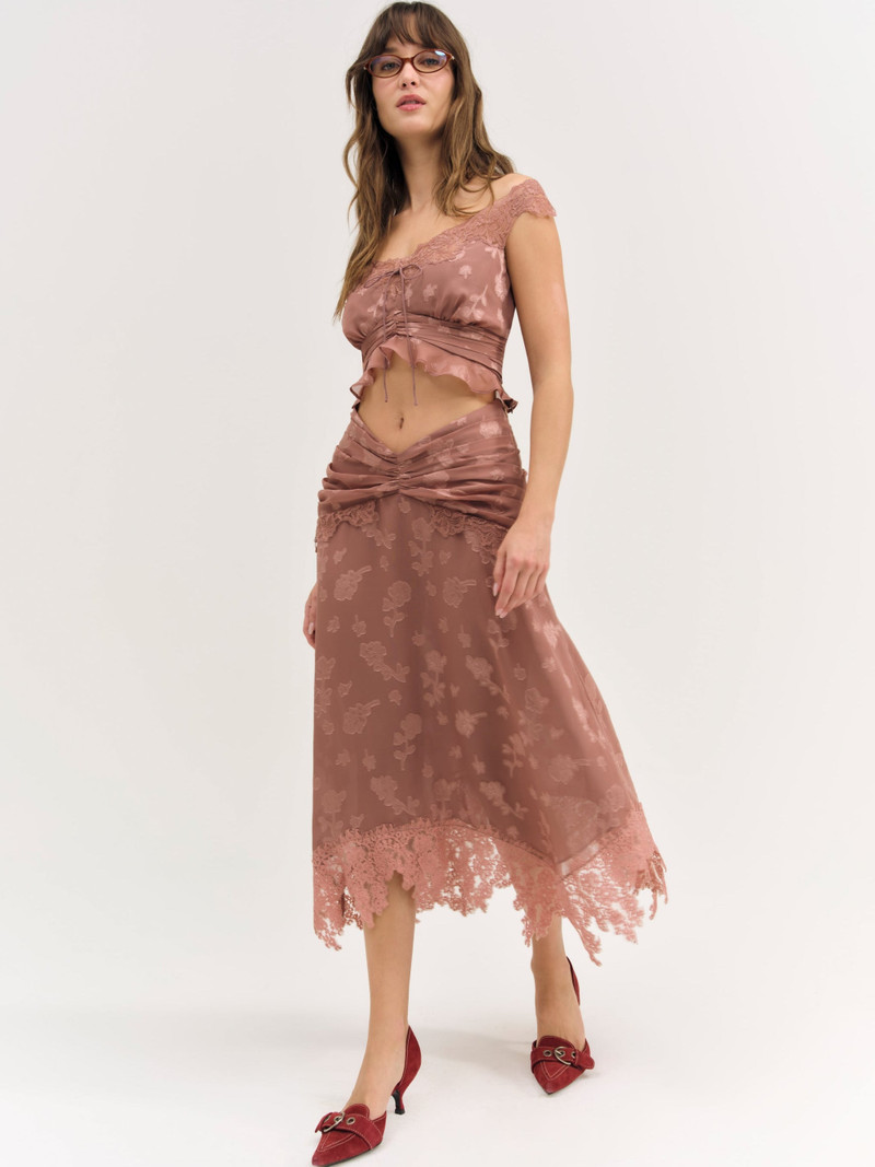 For Love & Lemons Colette Satin Burnout Midi Skirt outlook