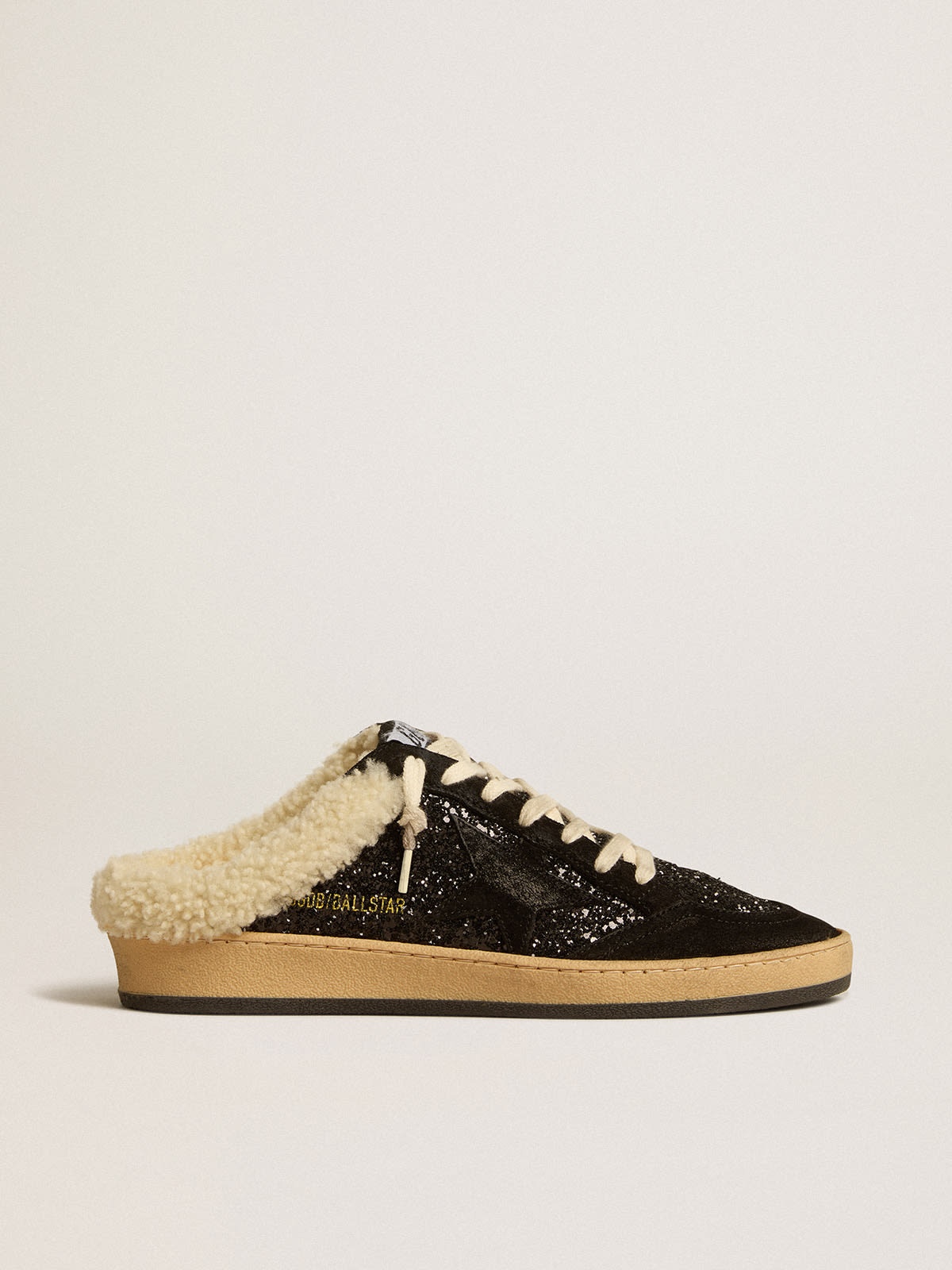 Golden Goose Ball Star Sabots in black glitter with black star and shearling  lining | REVERSIBLE