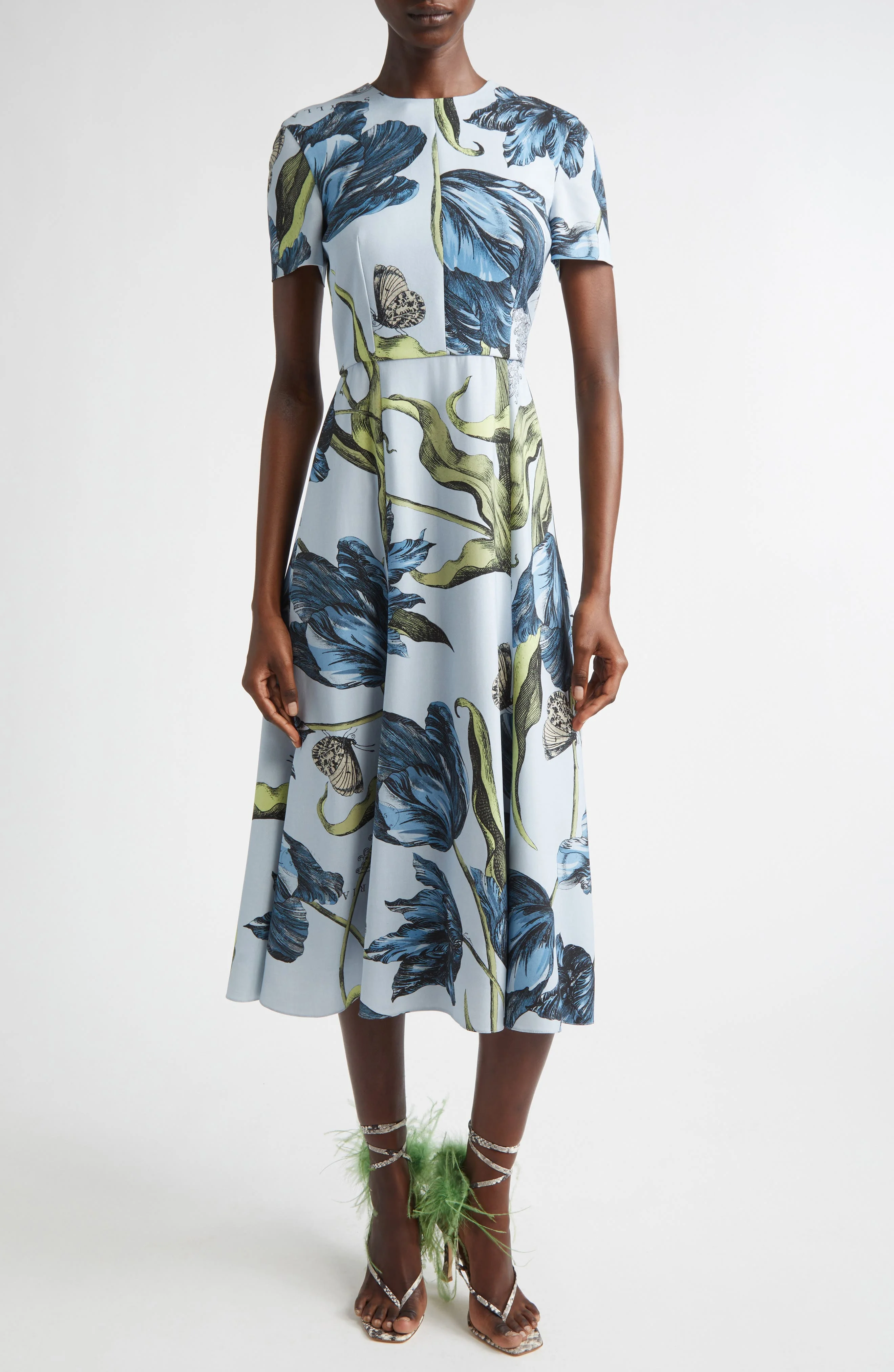 Erdem Etched Tulip Print Stretch Cady A-Line Midi Dress in Etched Tulip Powder Blue at Nordstrom - 1