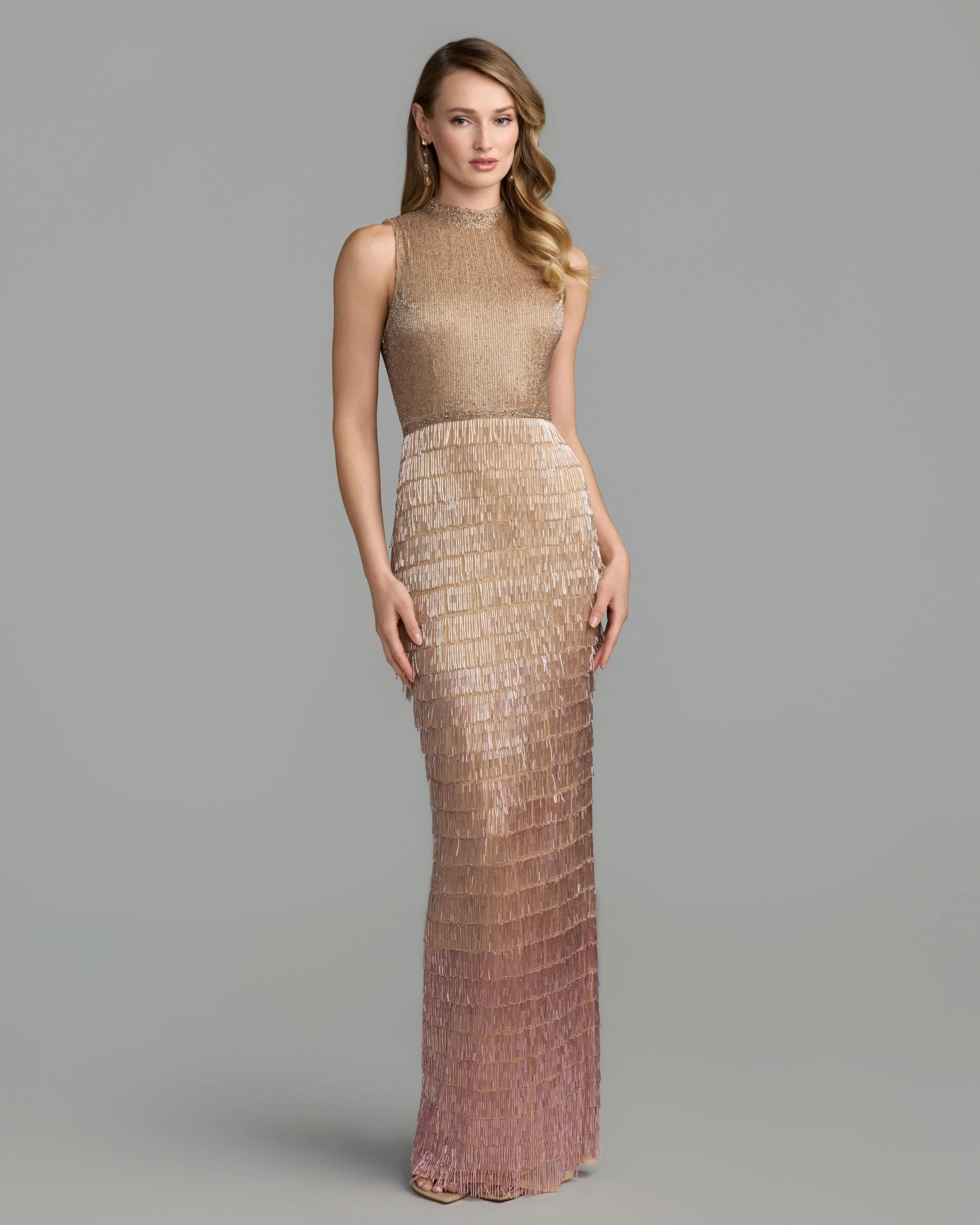 Pink Ombre Mock Neck Sleeveless Beaded Fringe Gown - 1