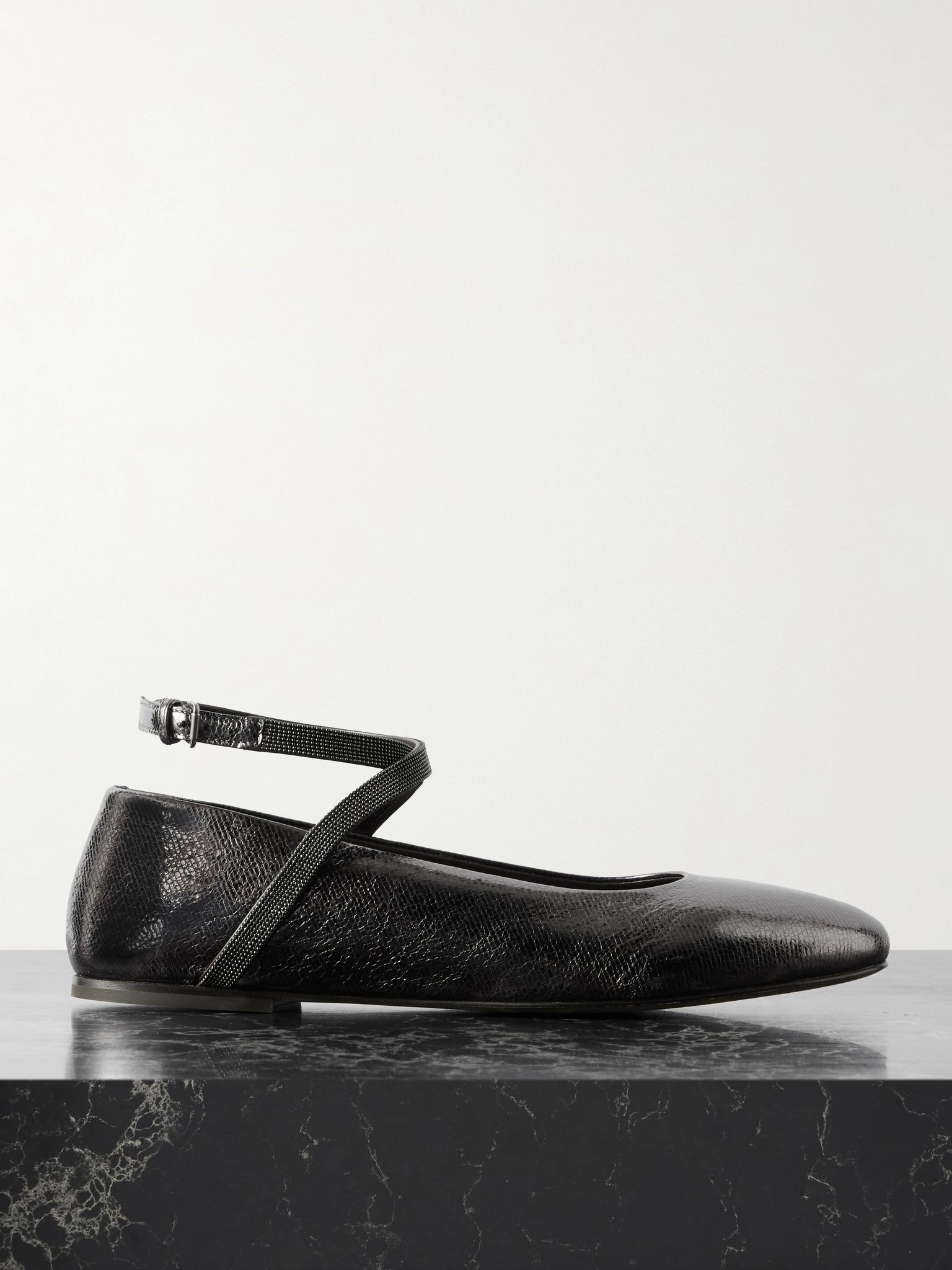 Bead-embellished metallic textured-leather ballet flats Bronze - 1