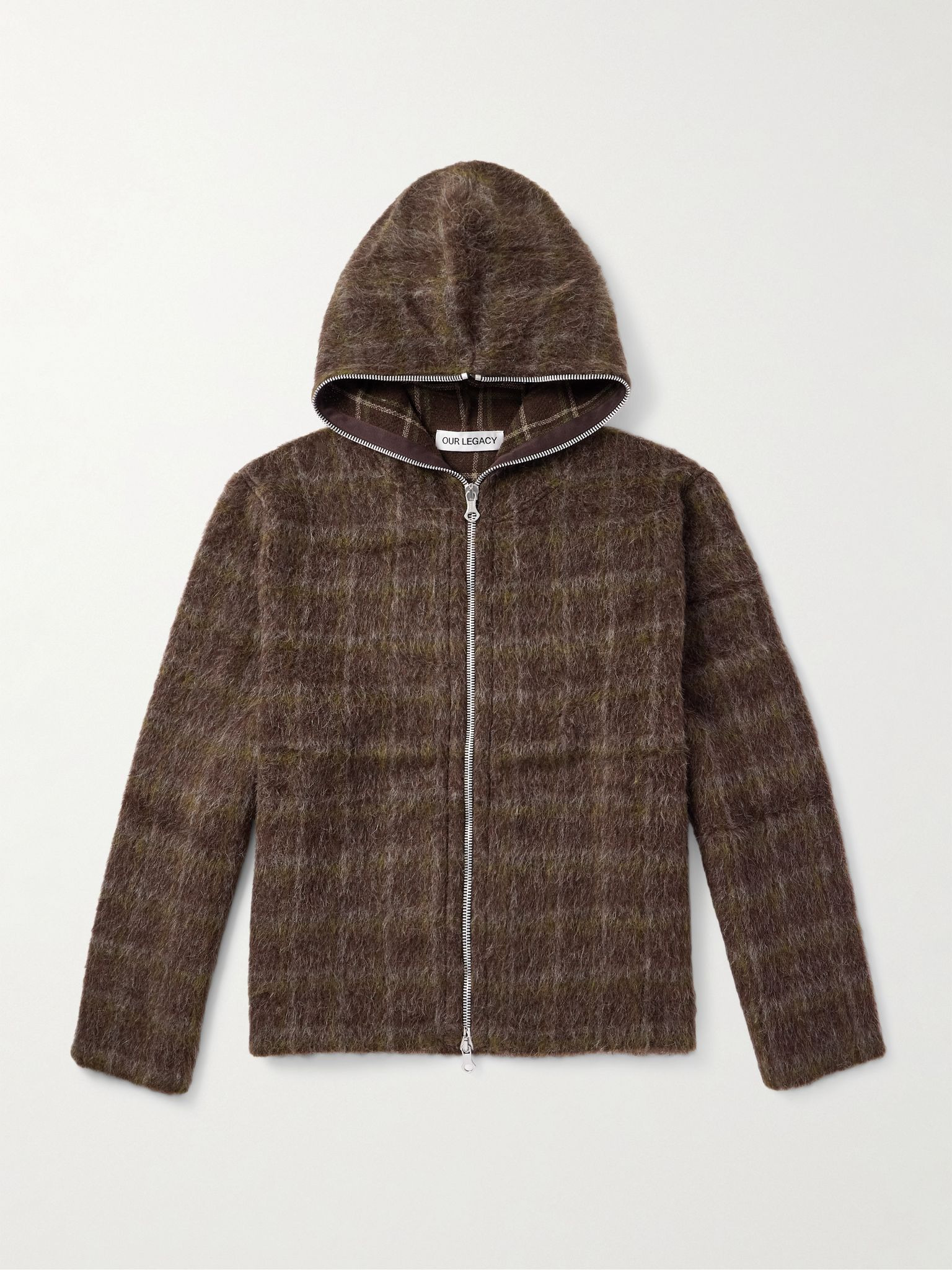 Checked Brushed-Knit Zip-Up Hoodie Brown - 1