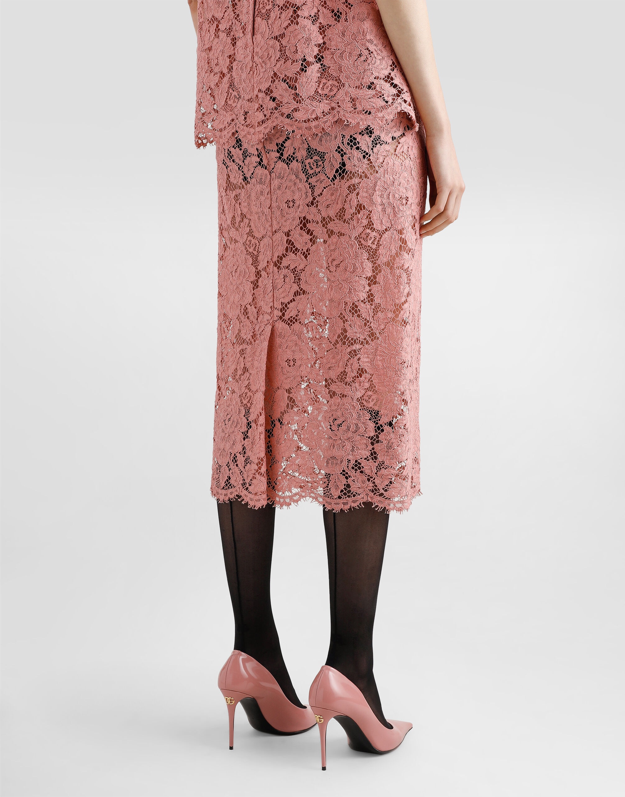 Logoed floral cordonet lace pencil skirt - 4