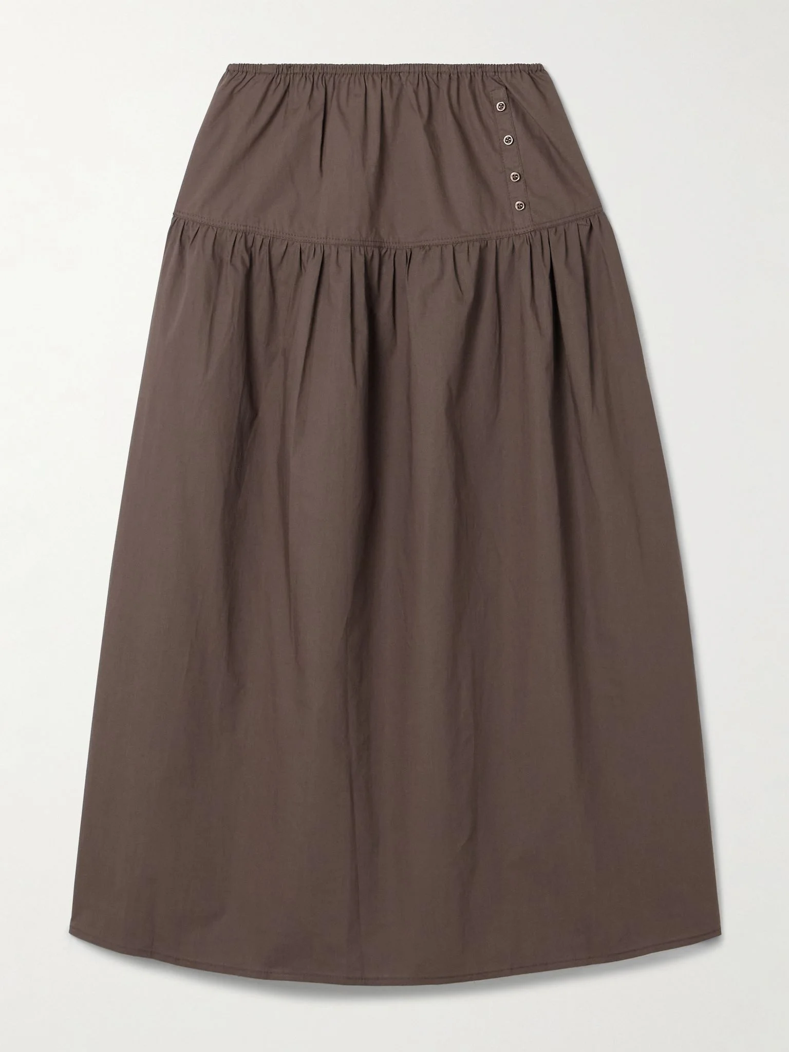 Gathered organic cotton-poplin midi skirt Brown - 1