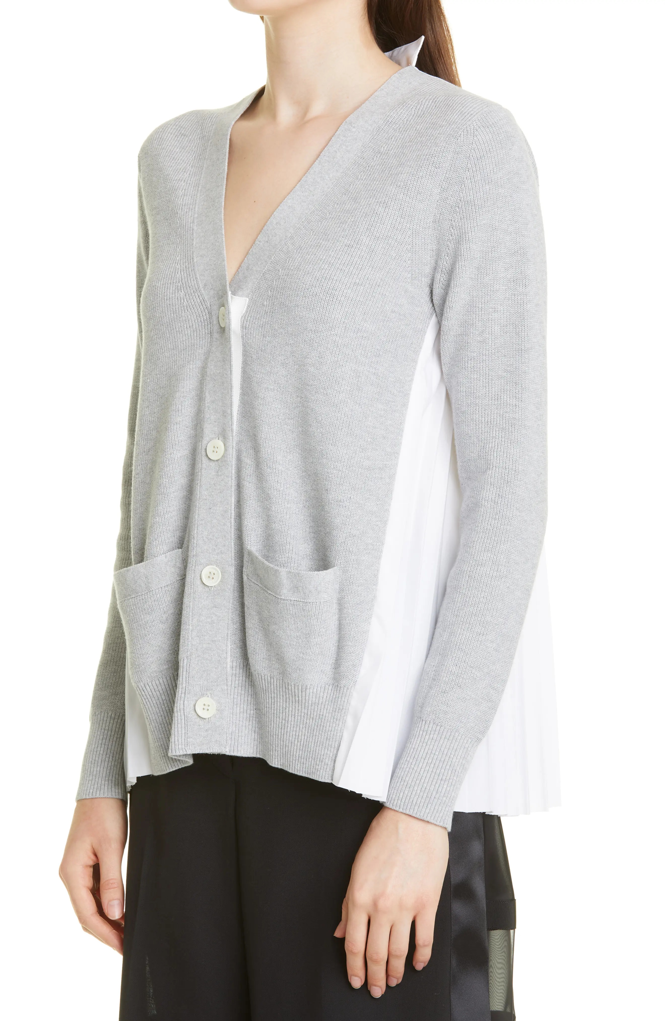 Pleated Back Cotton Cardigan in Light Grey/White - 4