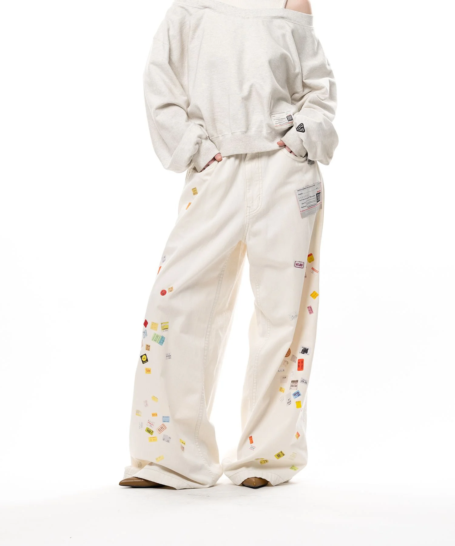 Price Tag Sticker Printed Wide Denim Pants - 1