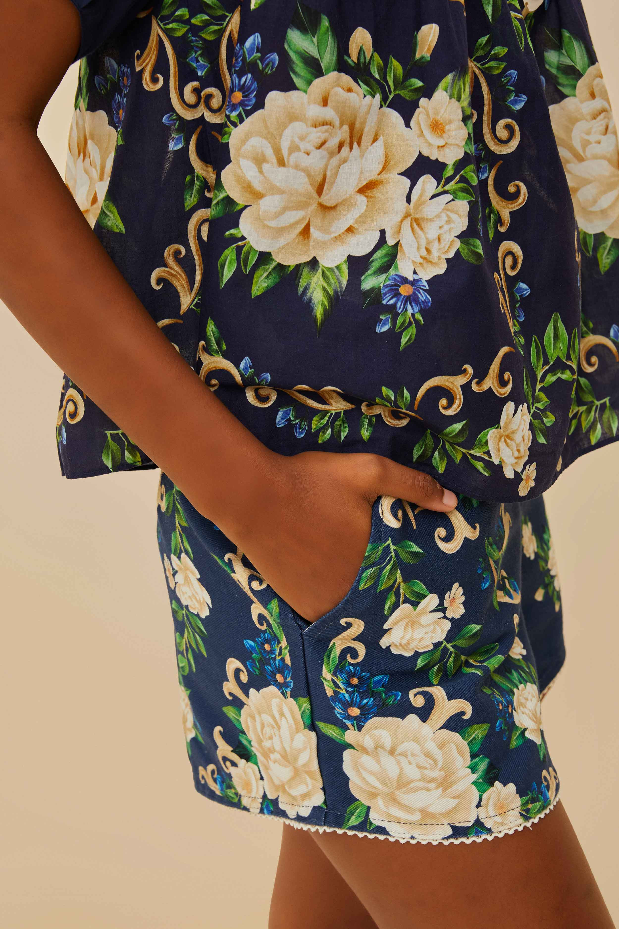 Navy Blue Flower Tapestry Shorts - 4