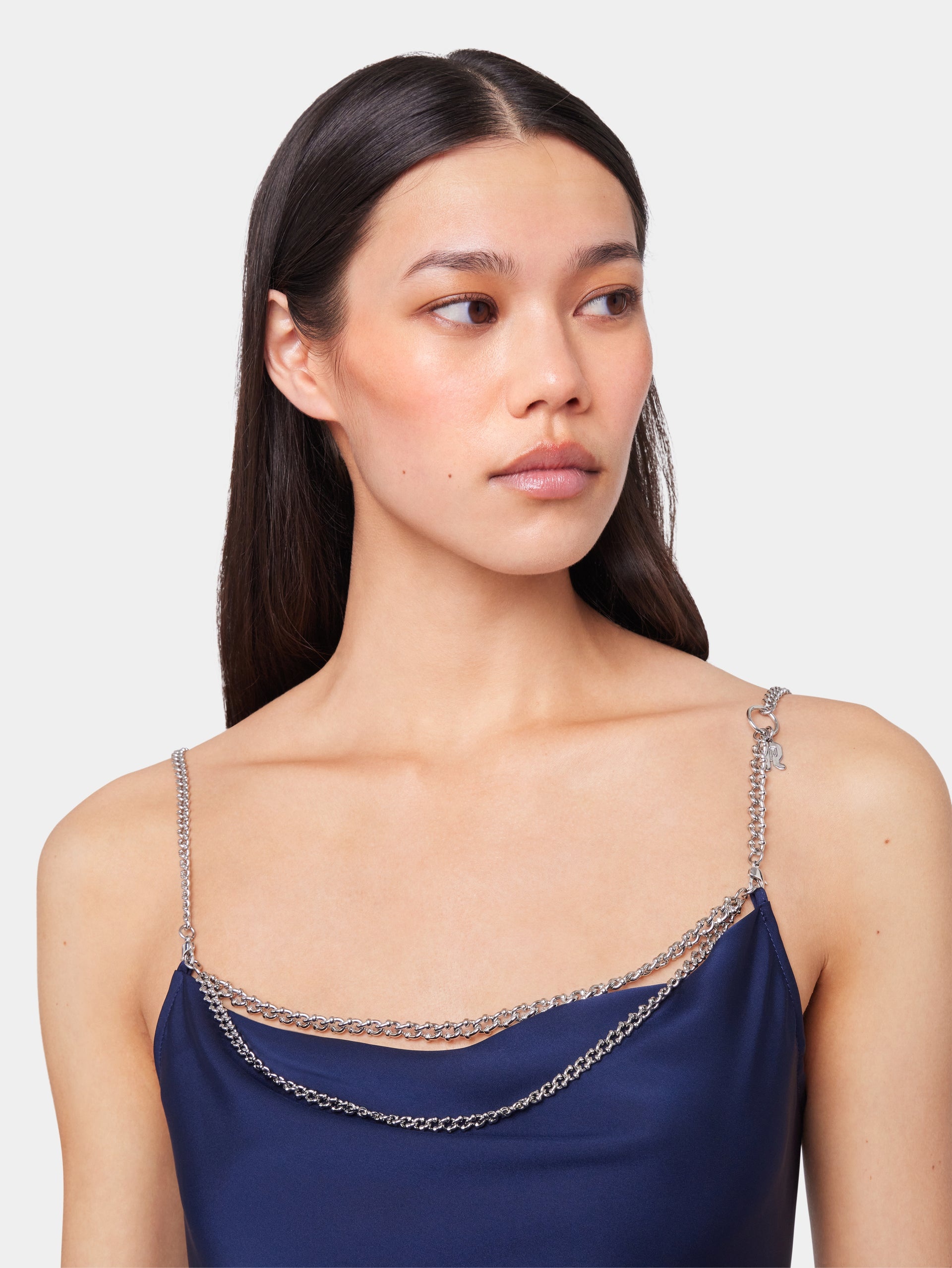 BLUE NAVY LONG SLEEVELESS DRESS IN SATIN - 8