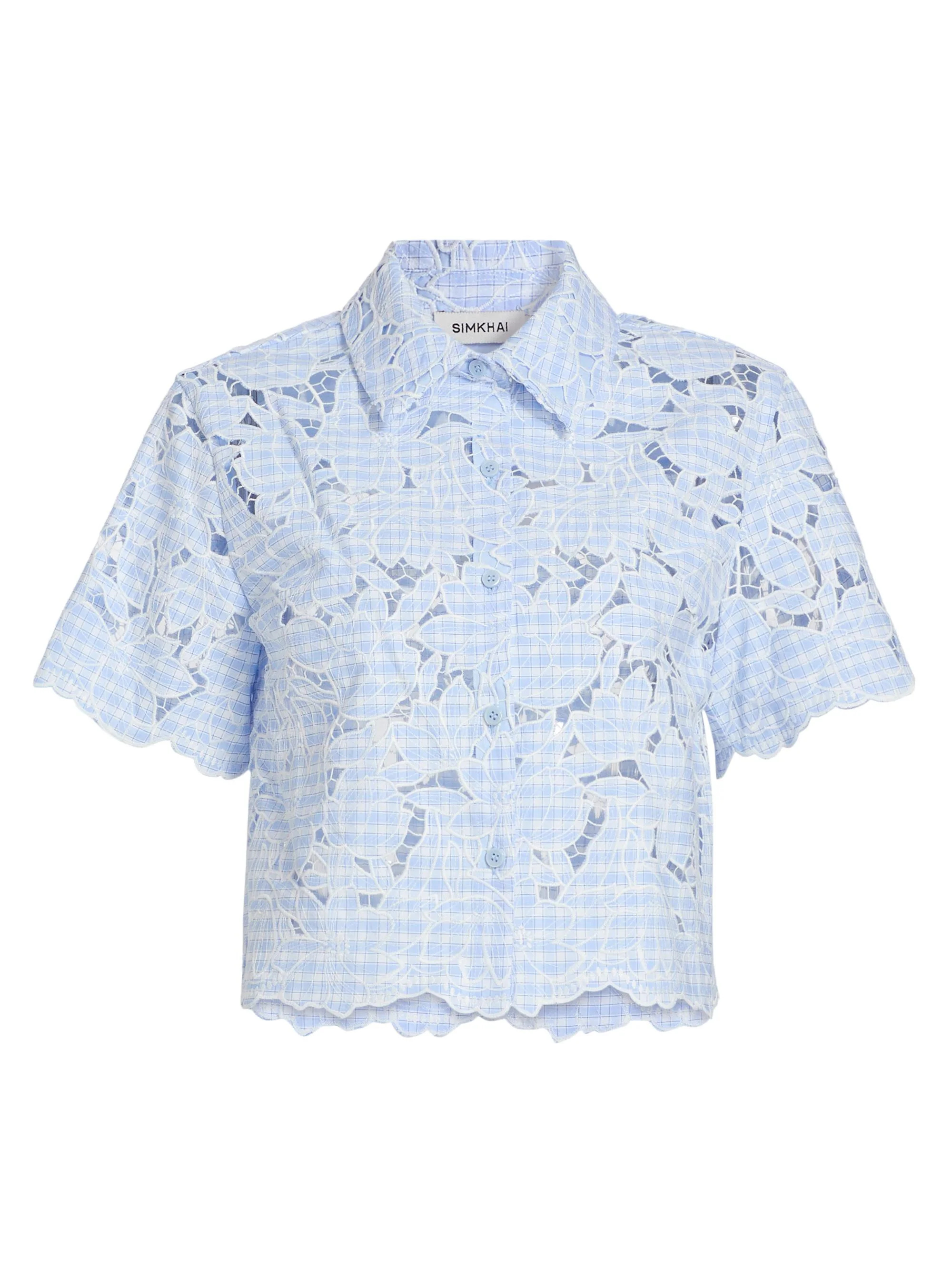 Women's Ryett Checked Laser-Cut Floral Crop Shirt - Periwinkle Sky Multi - 1