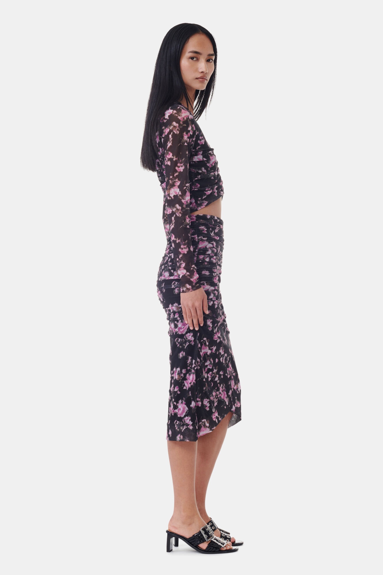 BLACK FLORAL PRINTED MESH RUCHED MIDI SKIRT - 3