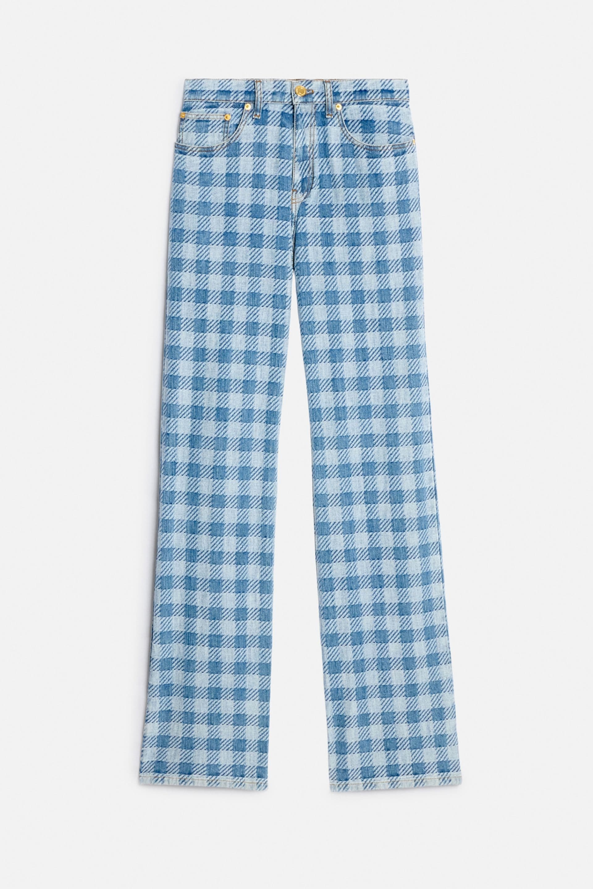 Gingham Pattern Jacquard Denim Boyfriend Fit Jeans - 1