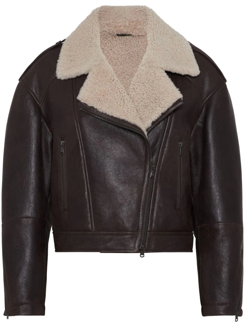Brunello Cucinelli Women Leather Biker Jacket With Shearling Collar - 1