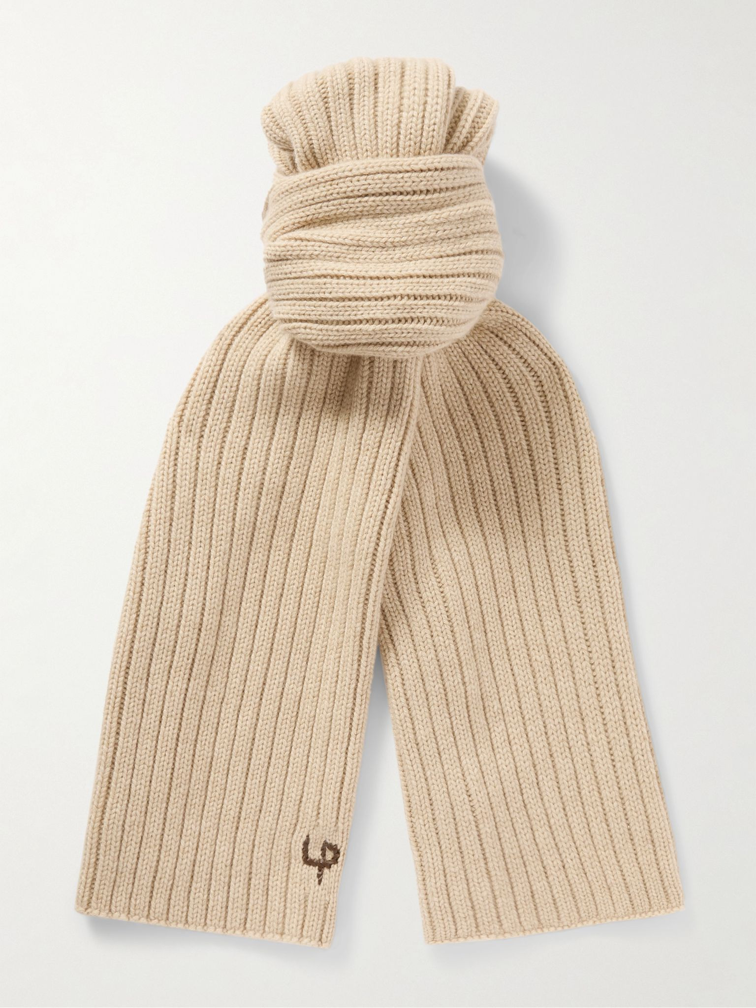 Leather-Trimmed Ribbed Cashmere Scarf Beige - 1