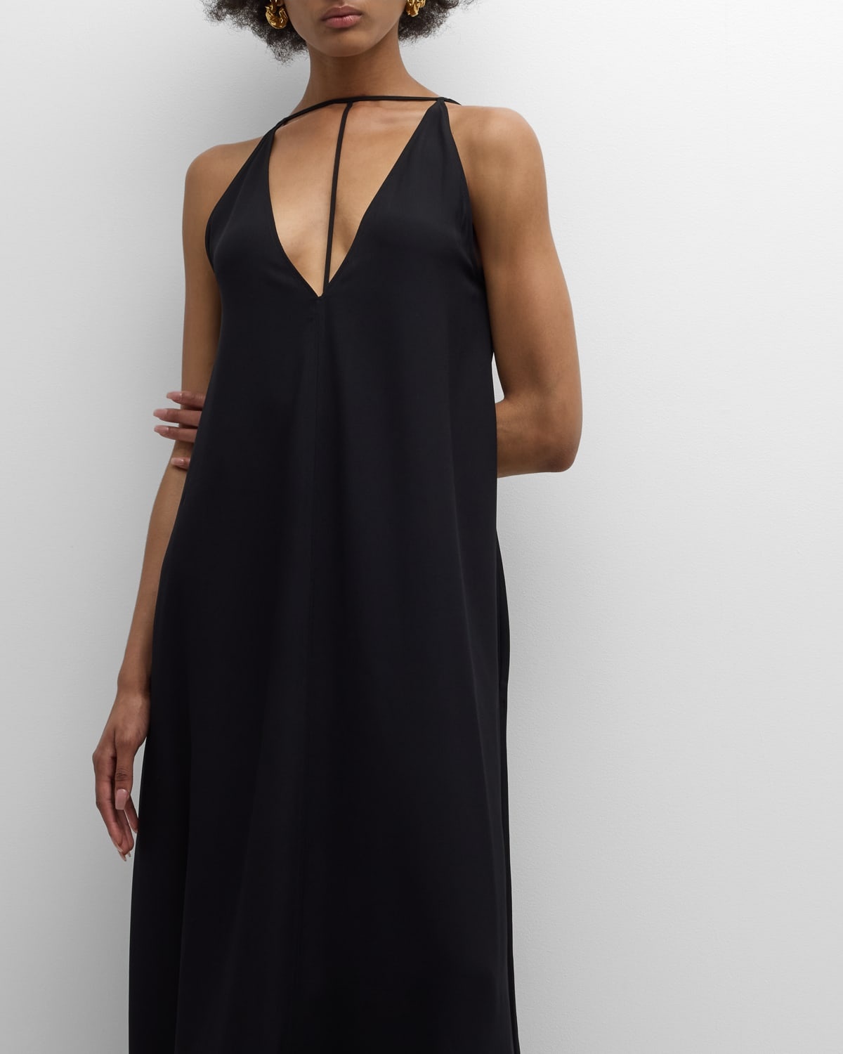 T-Strap Plunging Satin-Back Crepe Maxi Dress - 7