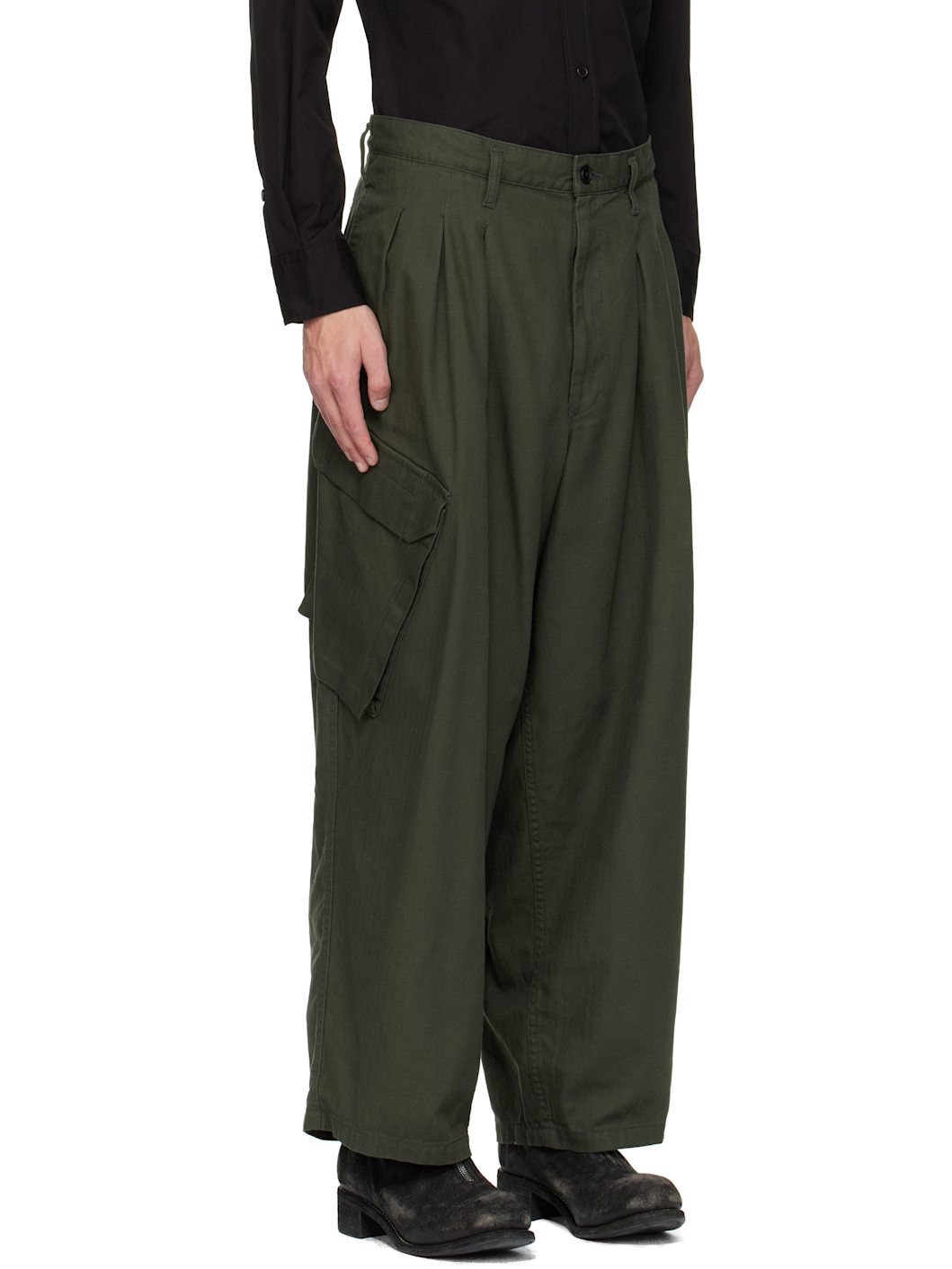 Khaki BS Herringbone 12Tuck Cargo Pants - 2