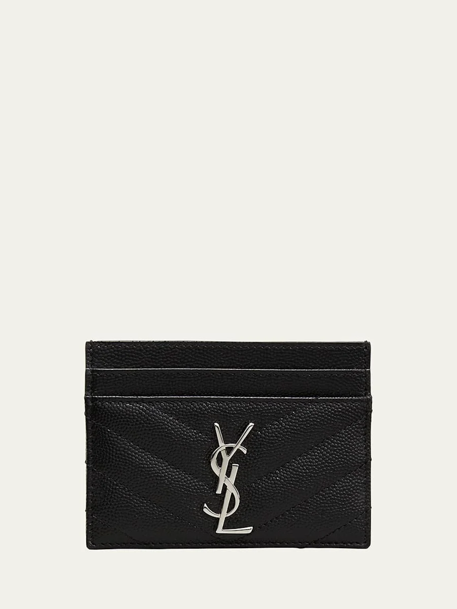 YSL Grain de Poudre Leather Card Case, Silvertone Hardware - 1