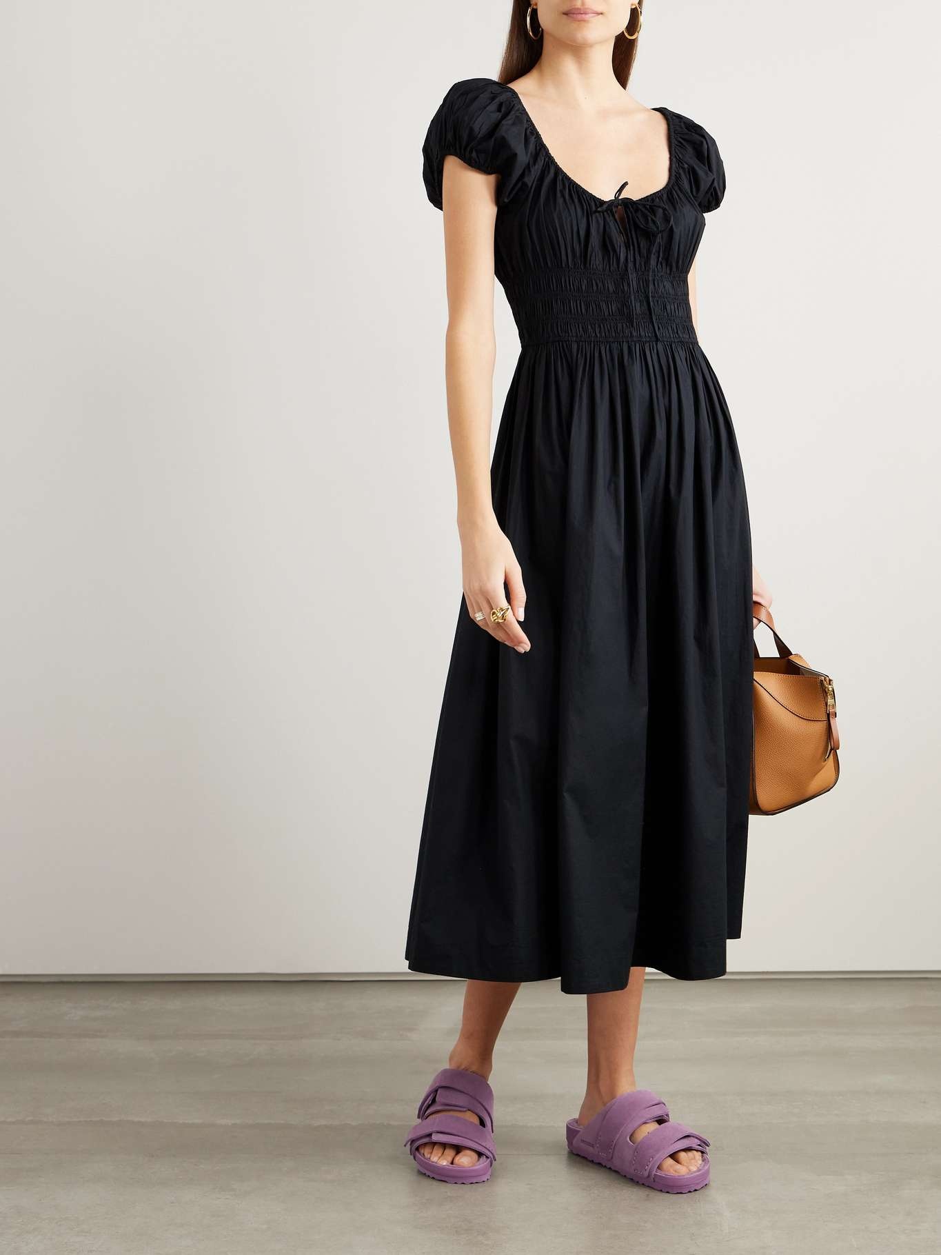 + NET SUSTAIN Quinn tie-detailed shirred organic cotton-poplin midi dress - 3