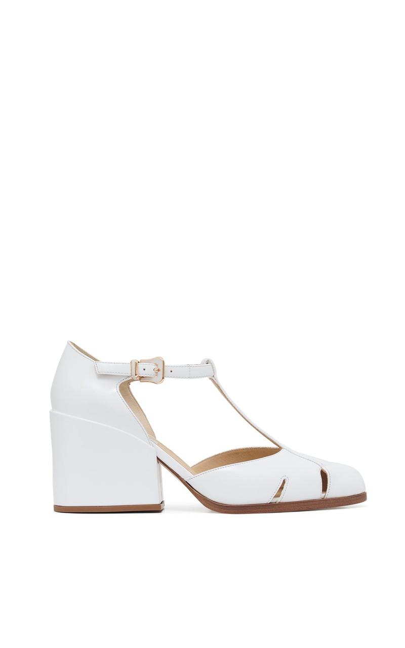 Evita T-Strap Heel in Pearlized White Leather 1