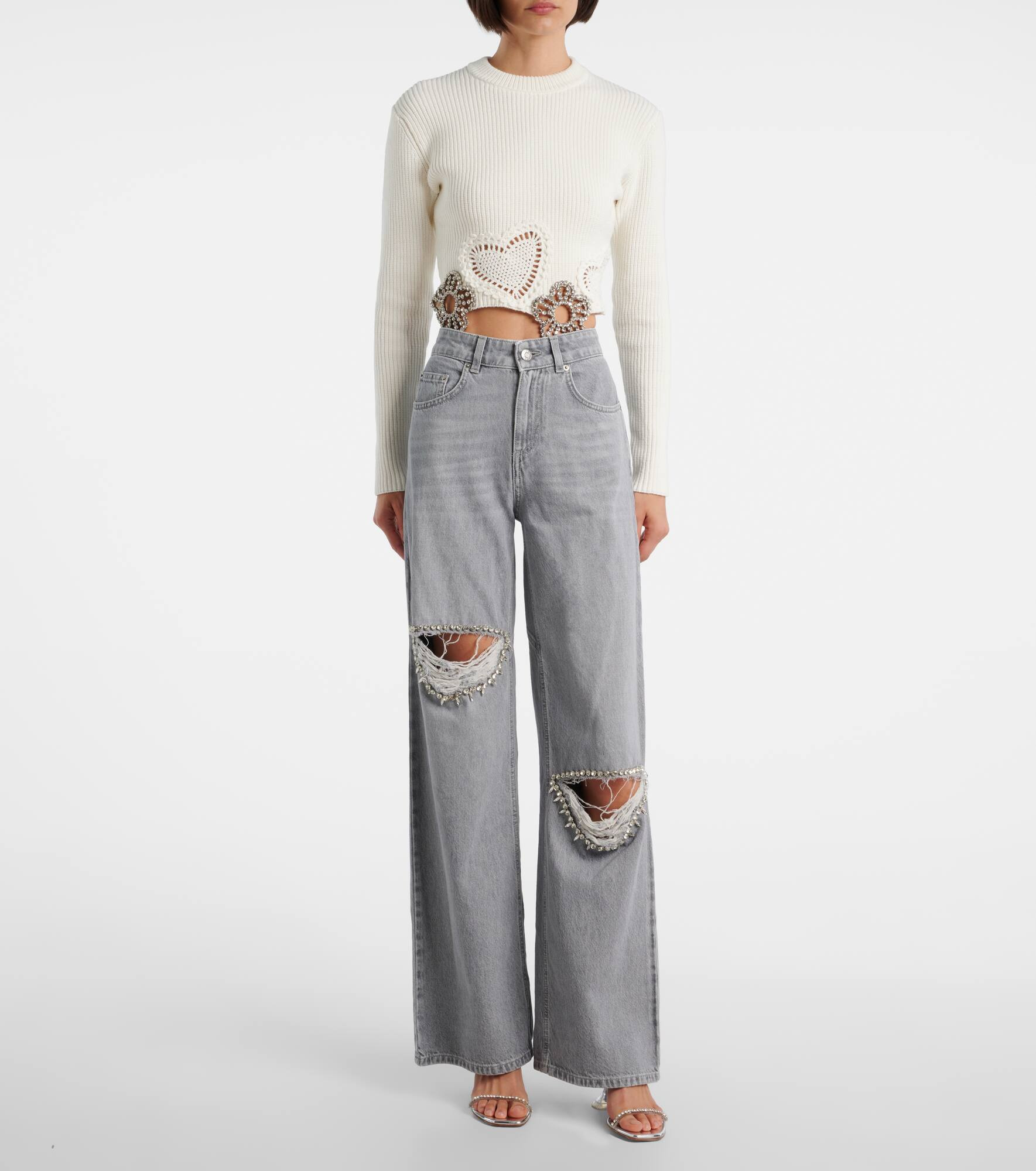 Distressed embellished wide-leg jeans - 7