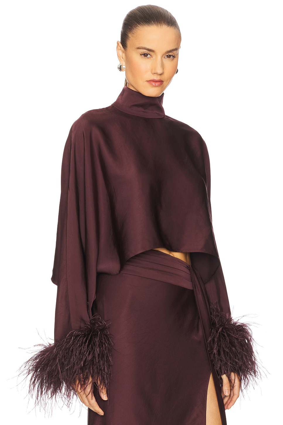 Lightweight Satin Caftan Top With Feathers - 2