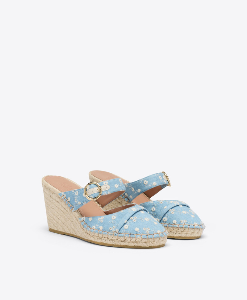 MALONE SOULIERS Farah 70 Blue Floral Denim Wedge Mules outlook