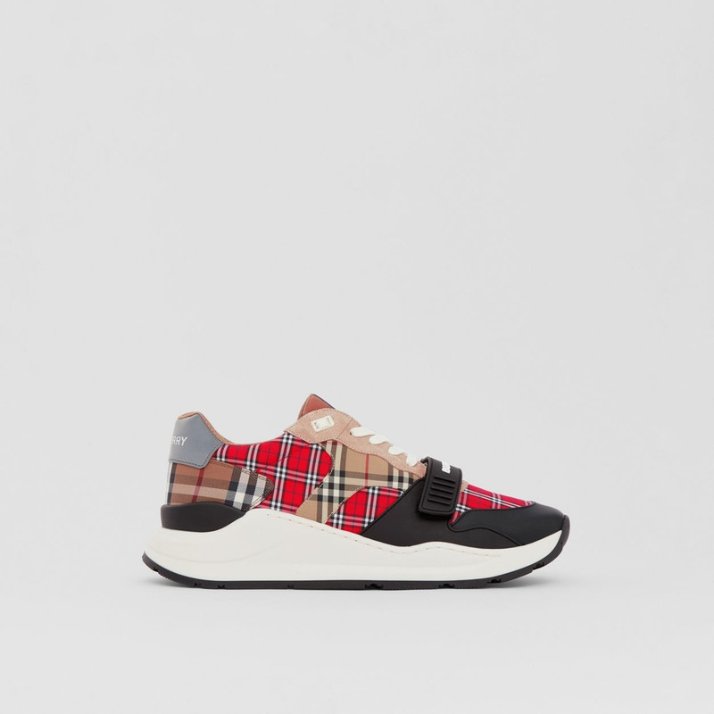 Contrast Check and Leather Sneakers - 1