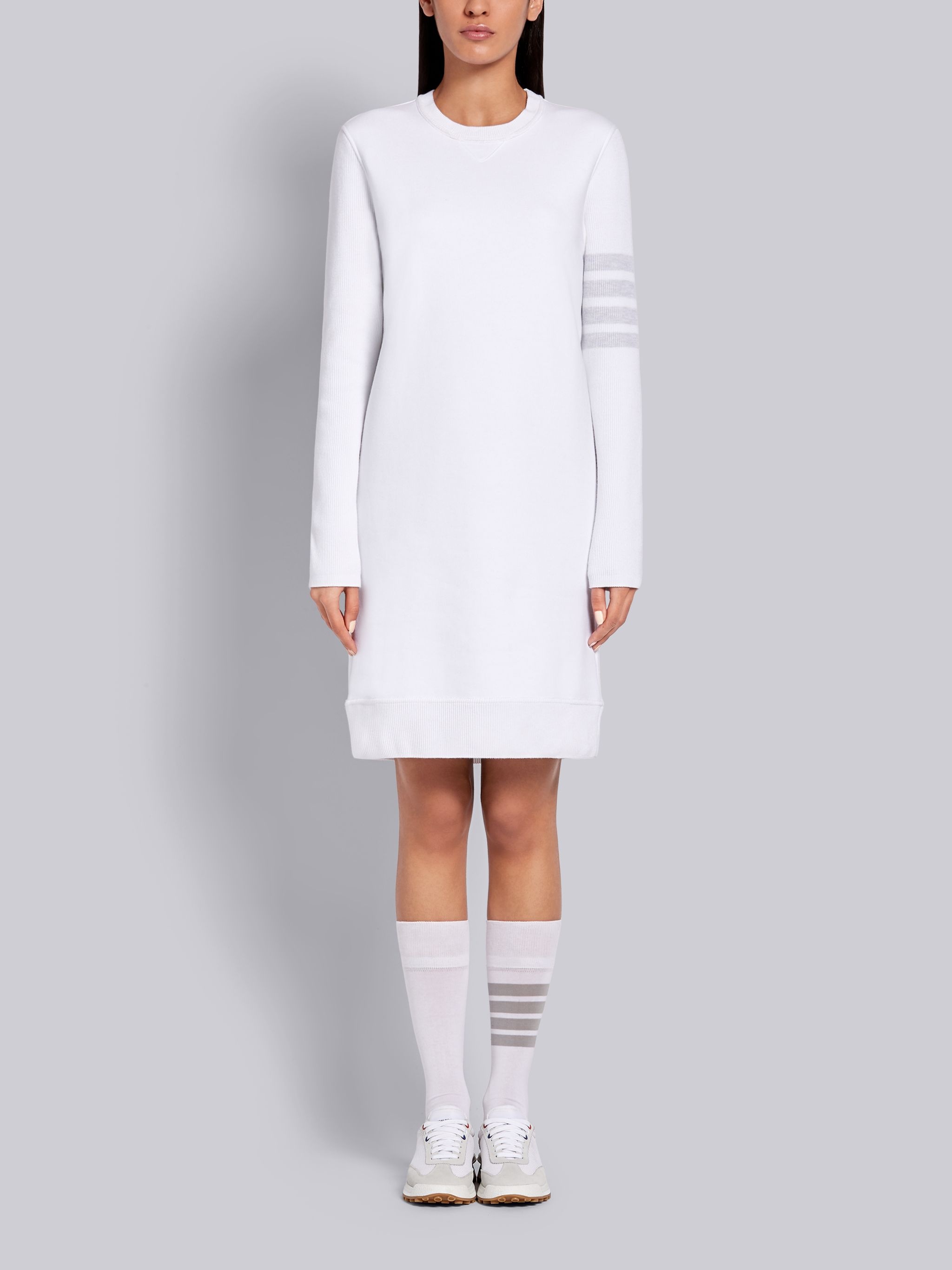 White Classic Loopback Tonal 4-Bar Crewneck Sweater Dress - 1