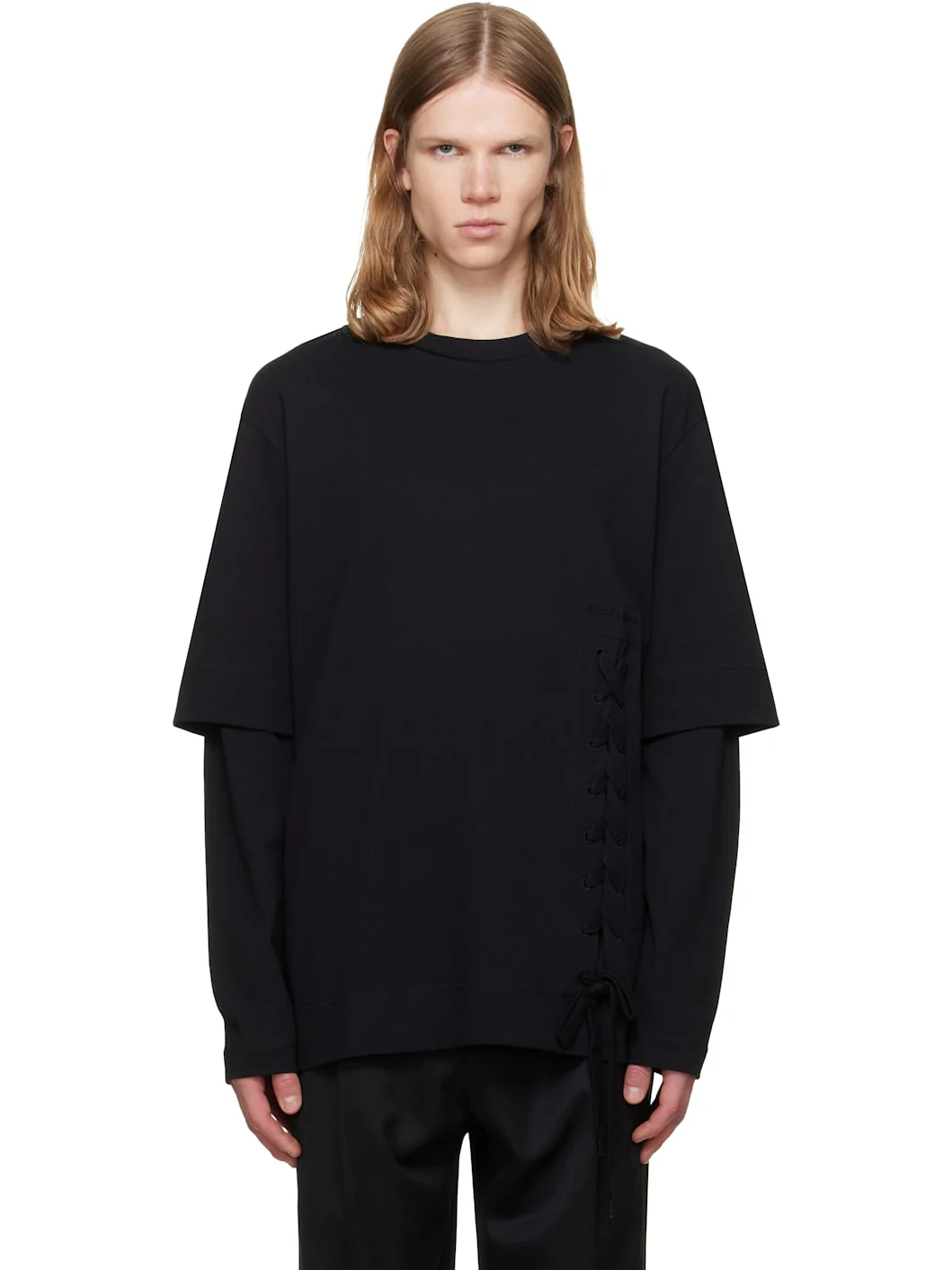Black Lace Up Hem Layered Long Sleeve T-shirt - 1