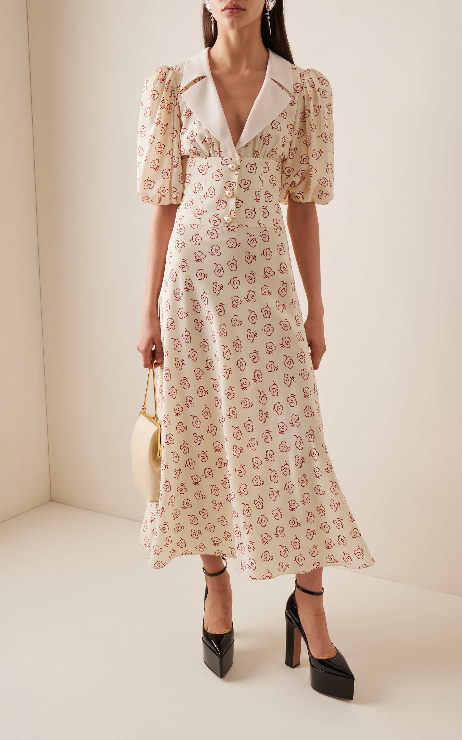 Puff-Sleeve Floral Silk Midi Dress print - 2