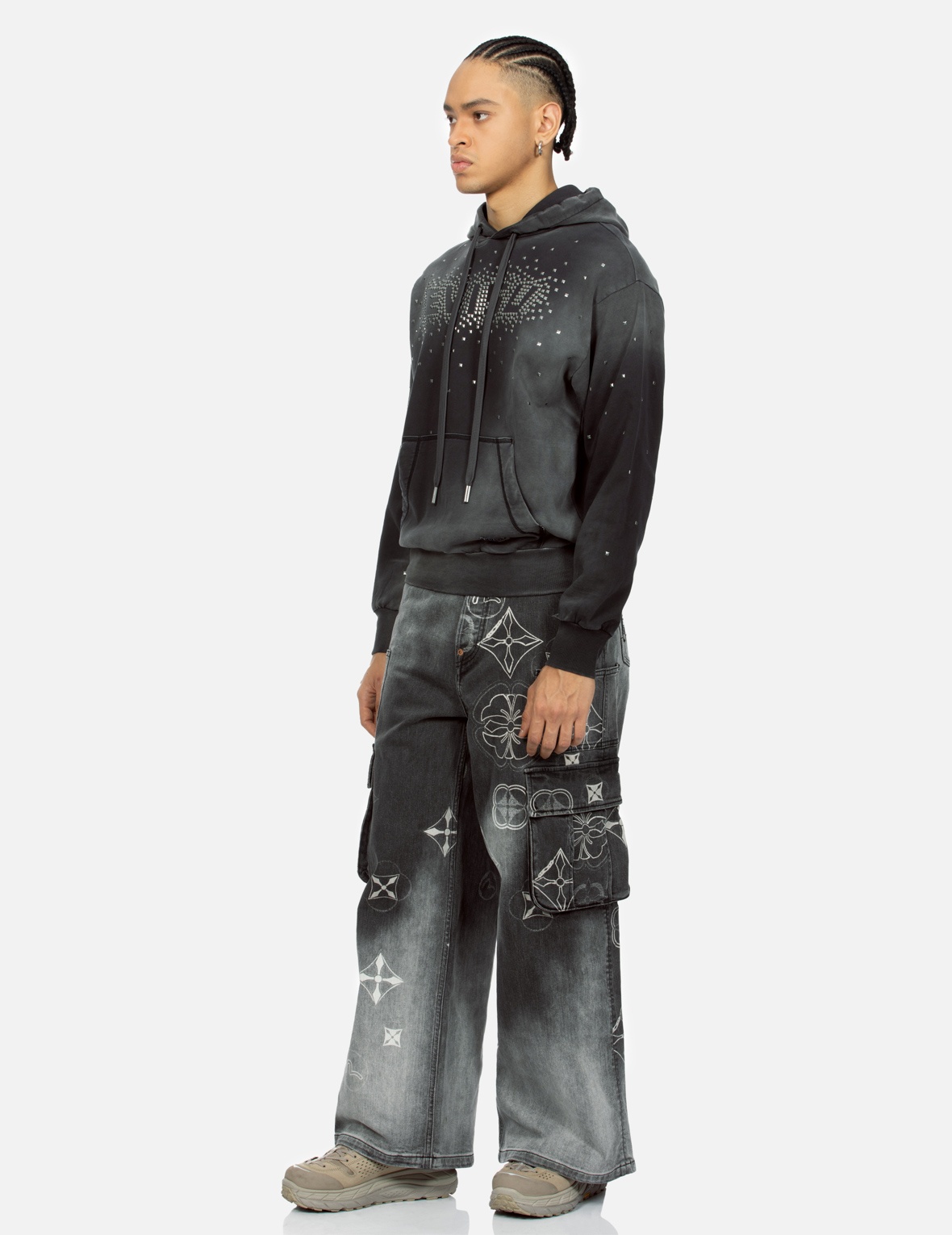 METALLIC HEAT-PRESSED EVISU LOGO LOOSE FIT HOODIE - 3
