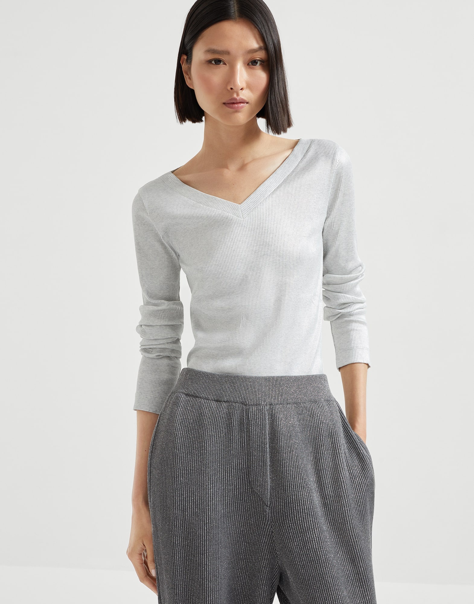 Sparkling stretch cotton ribbed jersey long sleeve  T-shirt with shiny tab - 4