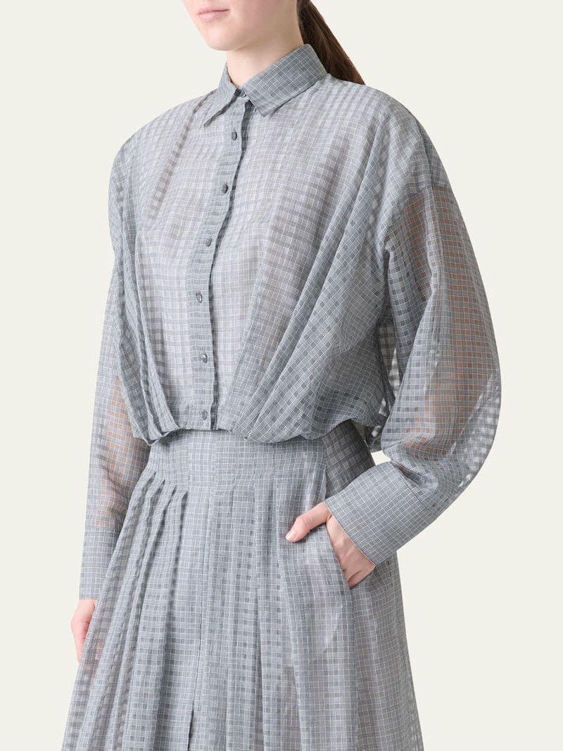 Plaid Cotton Voile Blouse with Pleated Waist 4